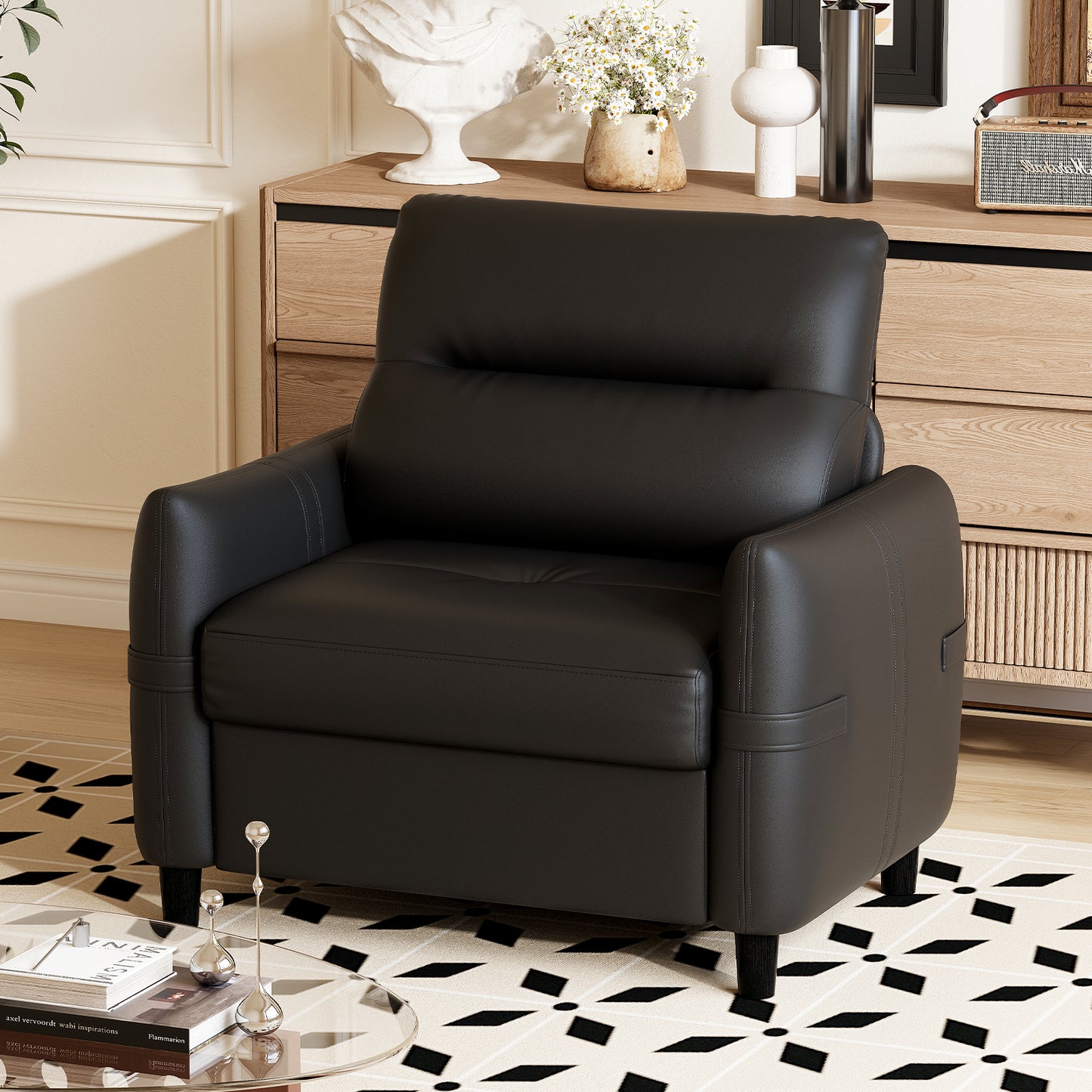 STHOUYN Oversized Leather Accent Chairs for Living Room, Comfy Upholstered Deep Seat Armchair for Adults, Mid Century Modern Arm Chair for Office, Bedroom, Apartment, Reading & Waiting Room (1, Black)