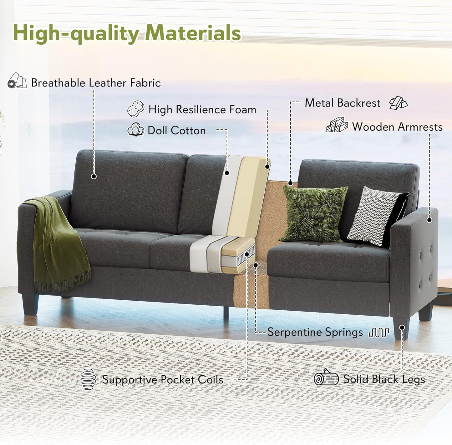 STHOUYN 73" W 3 Seater Sofa Couch with USB Ports, Grey Comfy Couches for Small Spaces, Mid Century Modern Couch Loveseat for Living Room, Apartment, Bedroom (Dark Grey)