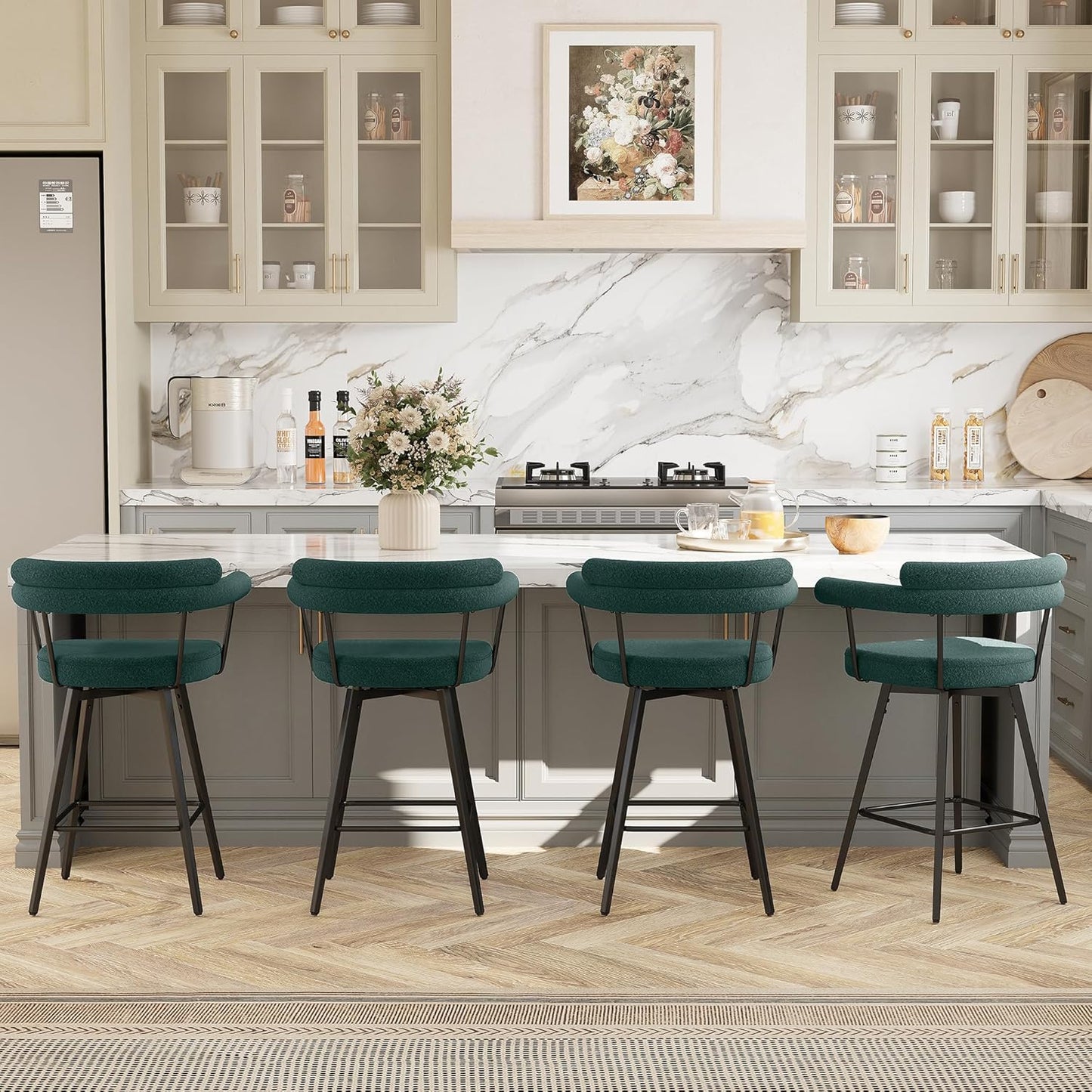 STHOUYN 26” Swivel Bar Stools Set of 4, Mid-Century Modern Boucle Counter Height Bar Stools with High Back and Metal Legs, Upholstered Bar Chairs Barstools for Kitchen Island, Dining Room (4, Green)
