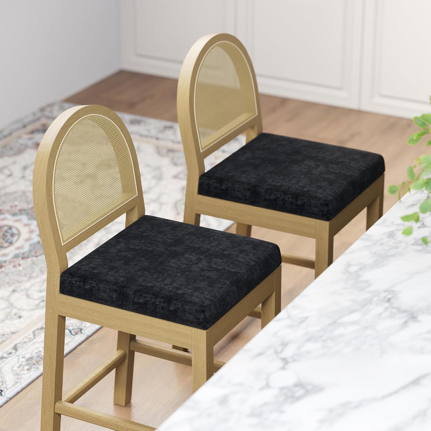STHOUYN Upholstered Rattan Bar Stools Set of 2, Wooden Counter Height Stools with Natural Rattan Woven Back and Chenille Seat, Mid-Century Modern Island Chairs Barstools for Kitchen (2, Black)