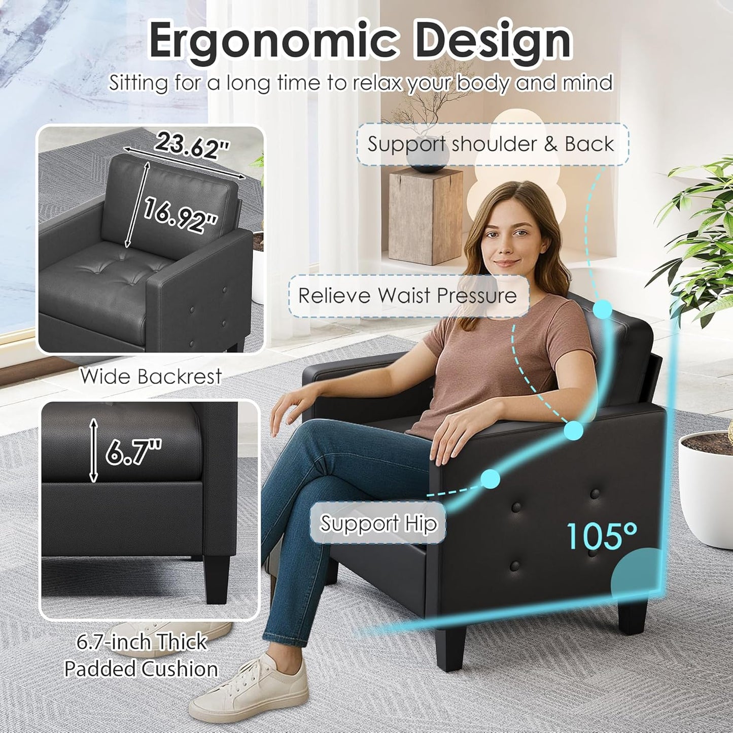 STHOUYN Accent Chair, Black Leather Chair, Mid-Century Modern Living Room Chairs, Cozy Office Reading Chair with Tufted Seat and Armrest, Reception Armchairs for Bedroom, Waiting Room