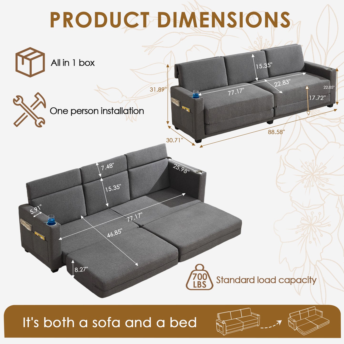 STHOUYN 89” Sleeper Sofa Bed, Grey 3 Seat Office Couch, Comfy Folding Pullout Floor Couch for Bedroom Living Room, Convertible Guest Bed with Cup Holders & Side Pockets, Modern Linen Fabric (Grey)