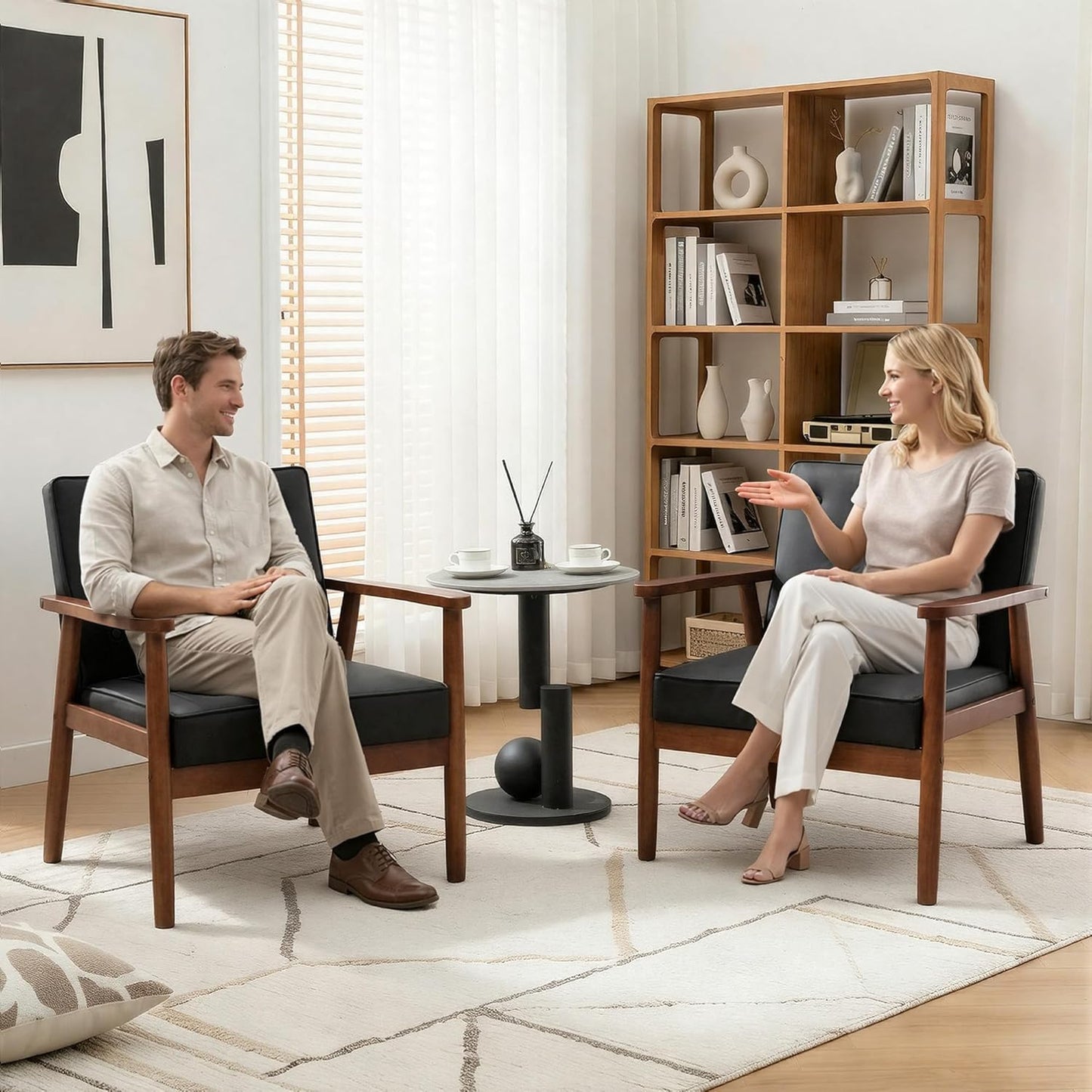 STHOUYN Black Leather Accent Chairs Set of 2, Waiting Room Chairs with Wood Arms, Office Guest Arm Chair, Mid Century Modern Living Room Chair (2, Black)