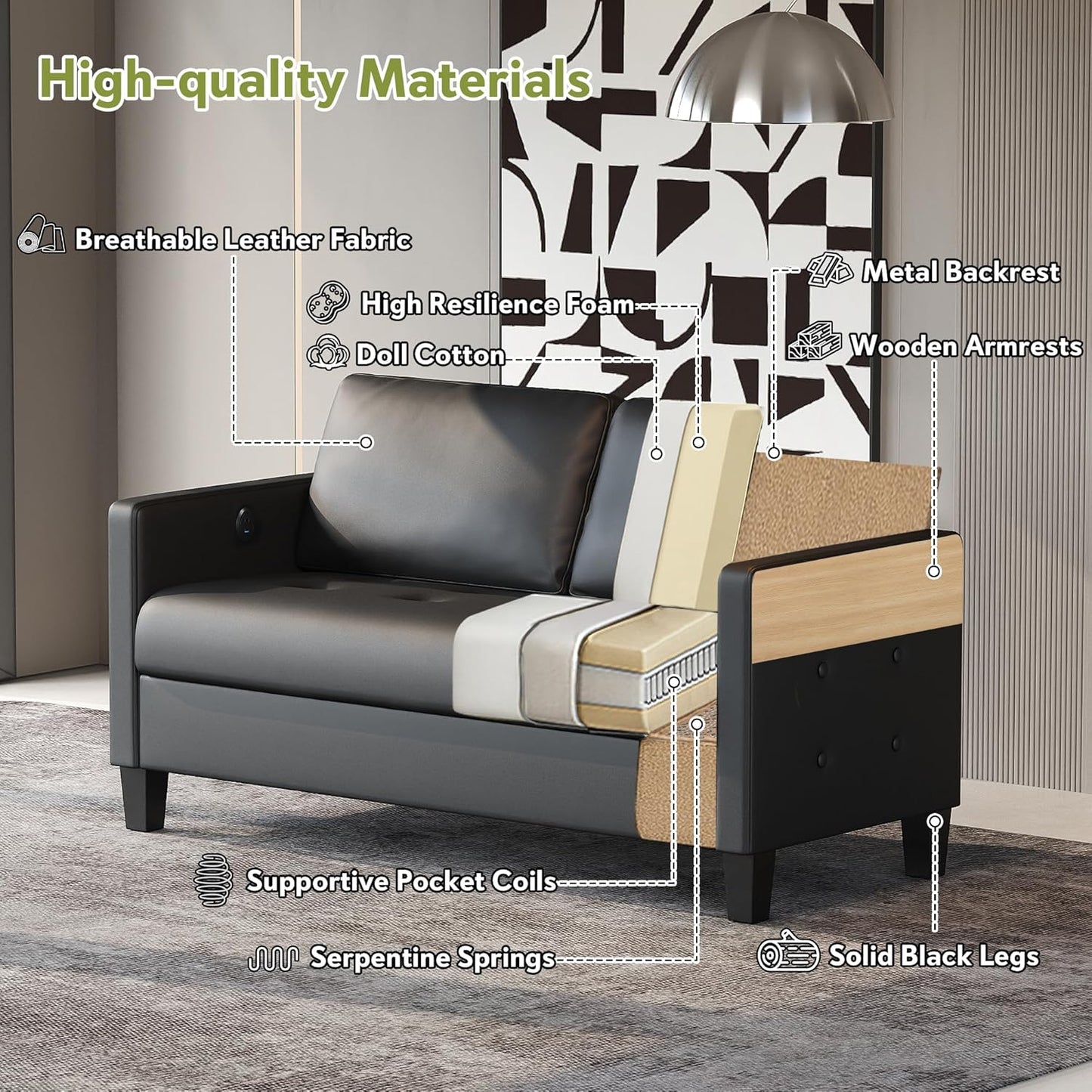 STHOUYN 59” Black Faux Leather Sofa Couch, Modern Comfy Office 2 Seater Couch Loveseat with USB and Tufted Armrest, Small Love Seat Couches for Living Room, Bedroom, Apartment