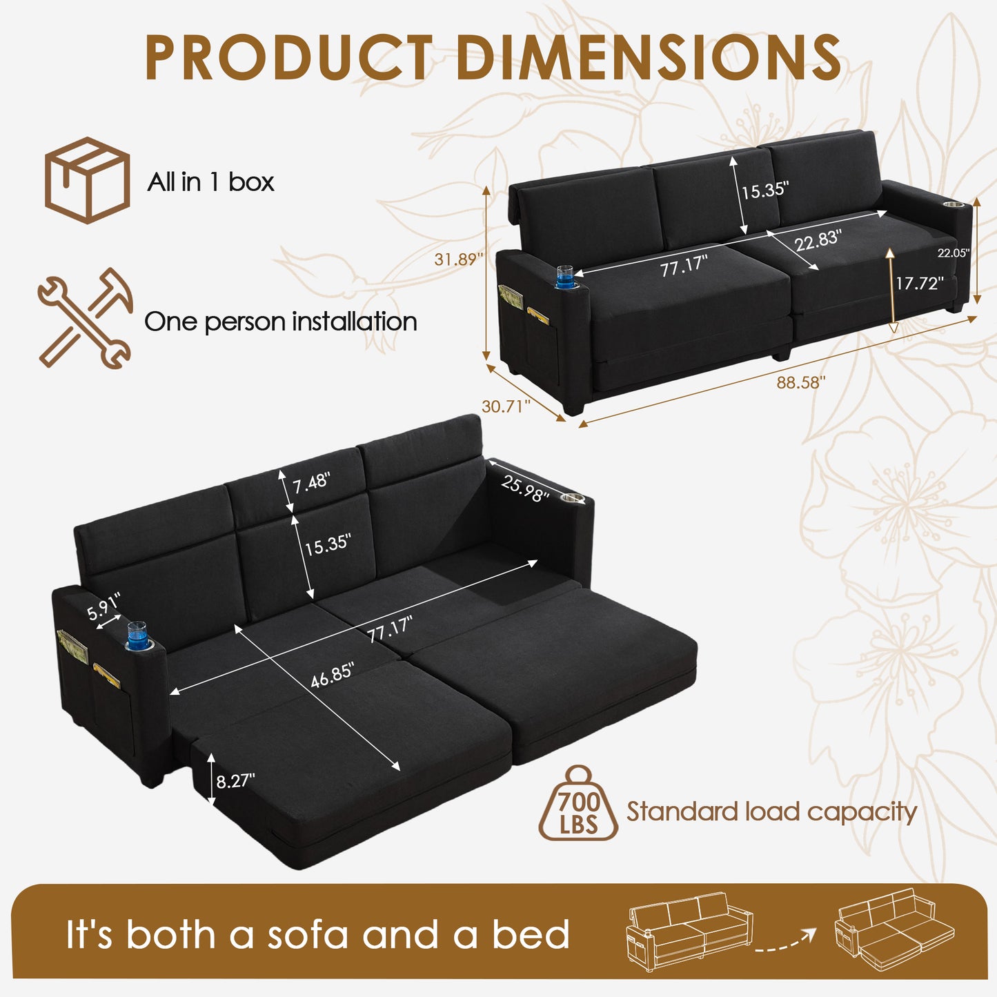 STHOUYN 89” Sleeper Sofa Bed, Black 3 Seat Office Couch, Comfy Folding Pullout Floor Couch for Bedroom Living Room, Convertible Guest Bed with Cup Holders & Side Pockets, Modern Linen Fabric (Black)