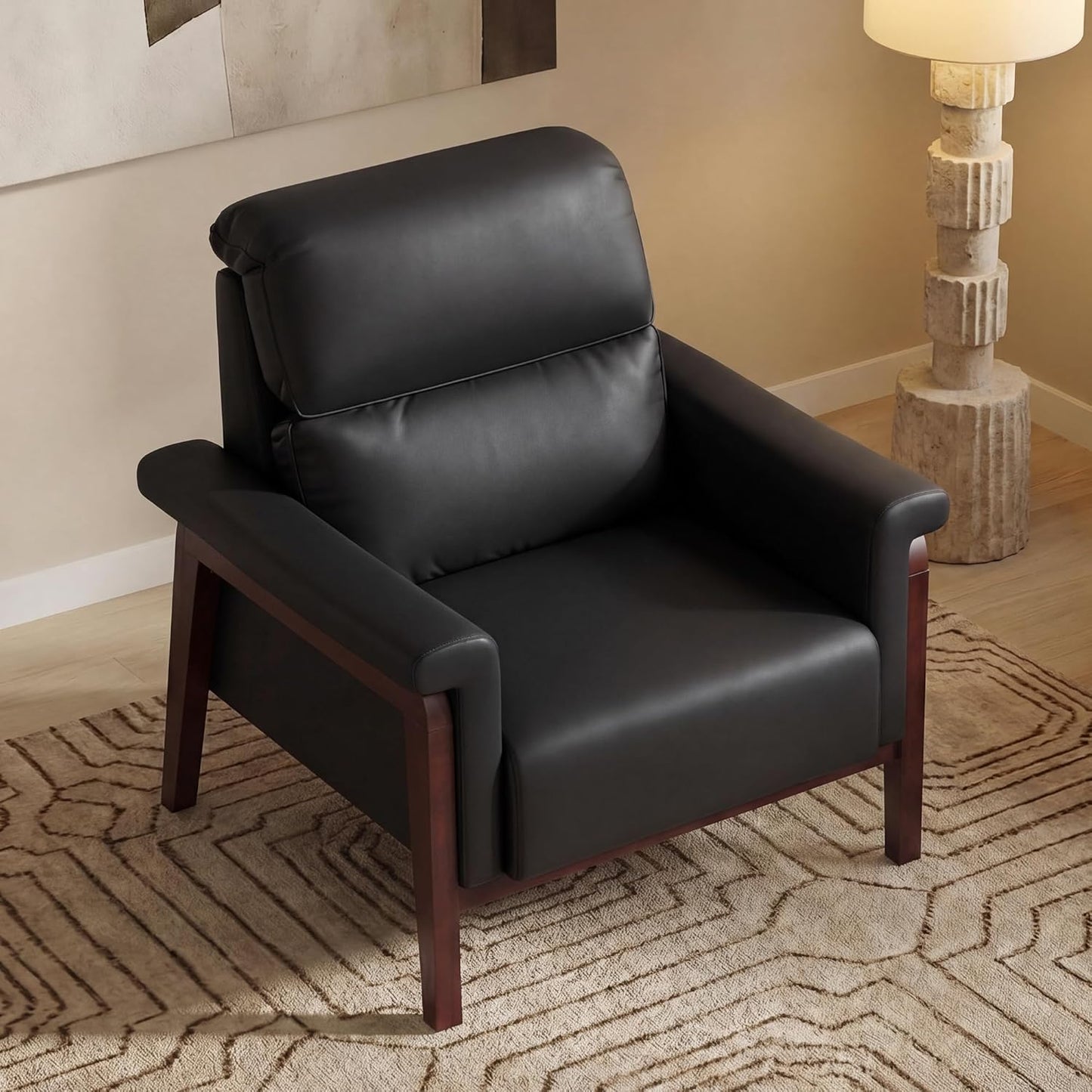STHOUYN Oversized Leather Accent Chair, Mid Century Modern Office Arm Chair with Solid Wood Legs & High Backrest, Comfy Upholstered Side Sofa Chair for Living Room, Waiting Room, Bedroom (1, Black)