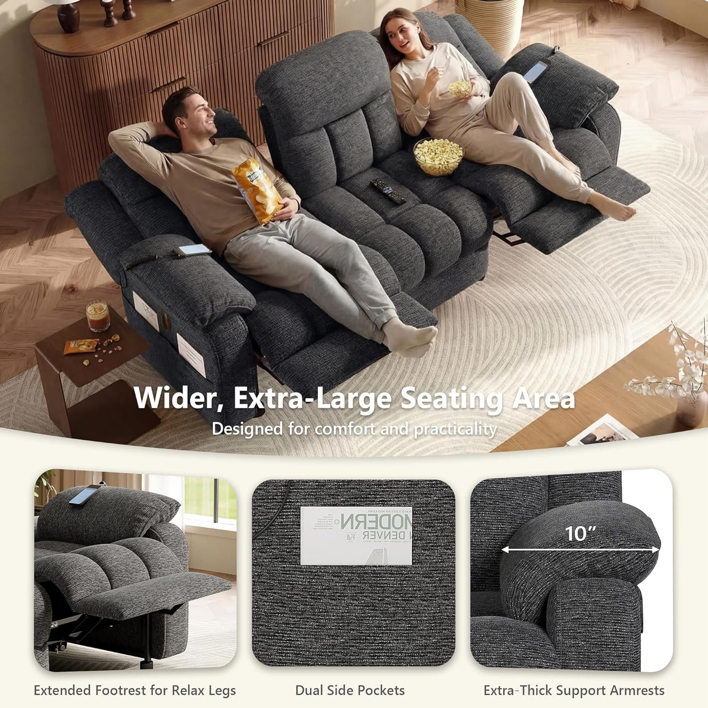 STHOUYN Electric Recliner Sofa Couch, Power Reclining Sofa Loveseat with Pockets & Adjustable Backrest, Comfy Chenille Upholstered 3 Seater Couch for Living Room, Home Theater (Grey)