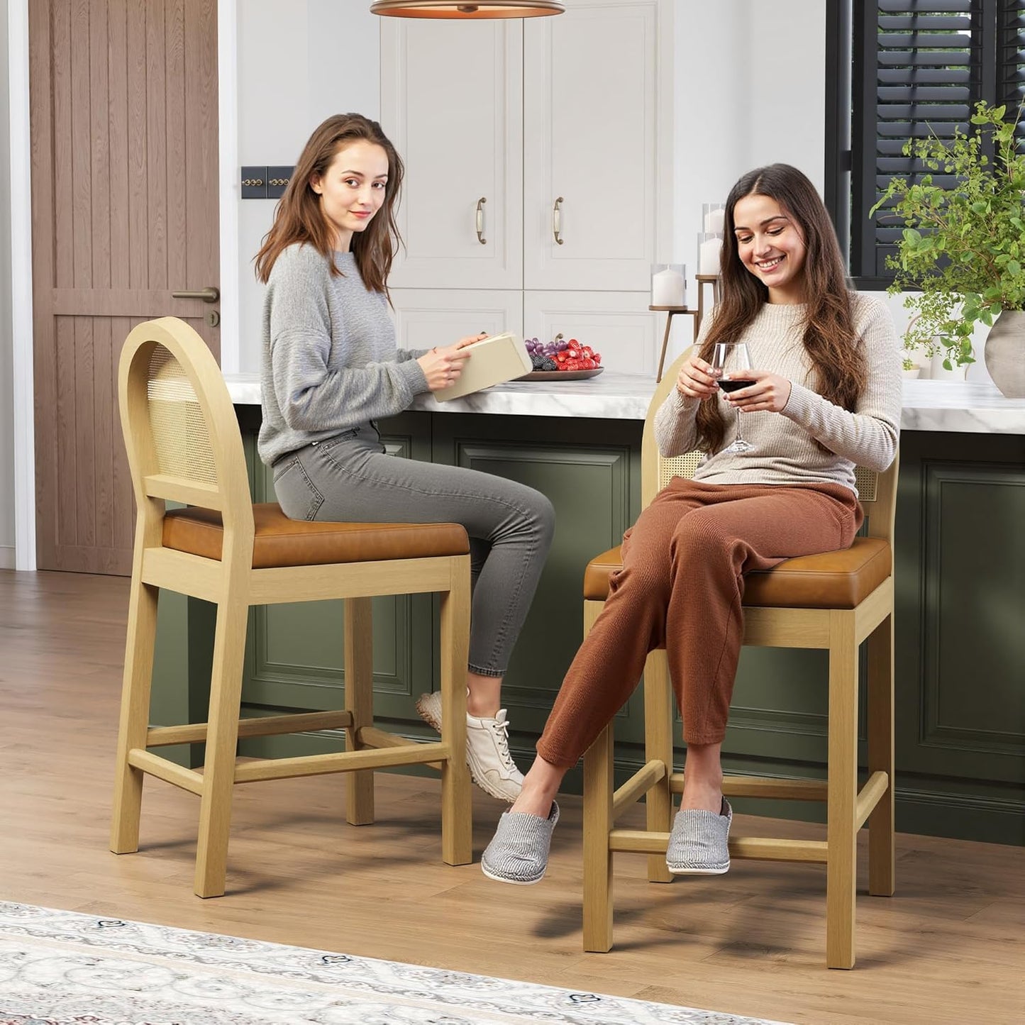 STHOUYN Upholstered Rattan Bar Stools Set of 2, Wooden Counter Height Bar Stools with Natural Rattan Woven Back and Faux Leather Seat, Mid-Century Modern Island Chairs Barstools for Kitchen (2, Brown)