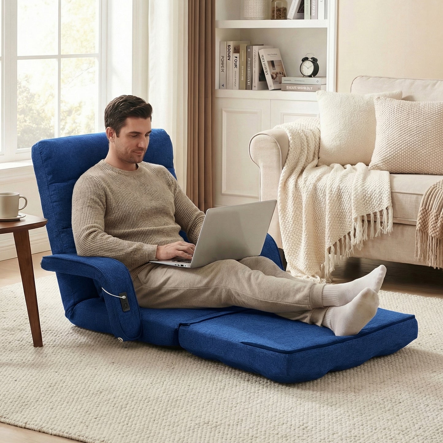 STHOUYN Comfy Floor Chair, Gaming Lounge Couch Chair Bed with 2 USB Charger & 5-Position Adjustable Back, Lazy Folding Sofa Bed, Convertible Sleeper Chair for Living Room, Bedroom, Dorm (Blue)