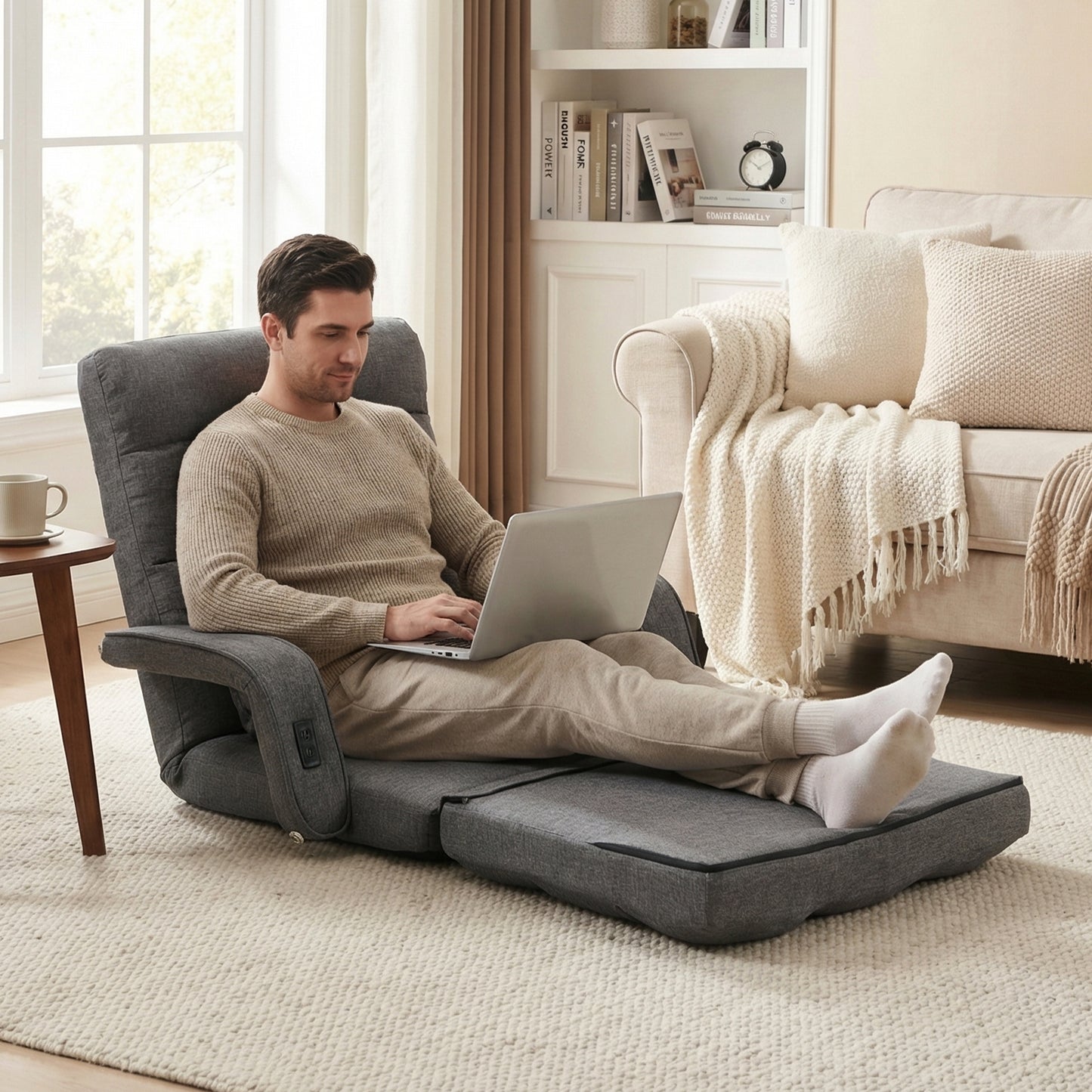 STHOUYN Comfy Floor Chair, Gaming Lounge Couch Chair Bed with 2 USB Charger & 5-Position Adjustable Back, Lazy Folding Sofa Bed, Convertible Sleeper Chair for Living Room, Bedroom, Dorm (Grey)