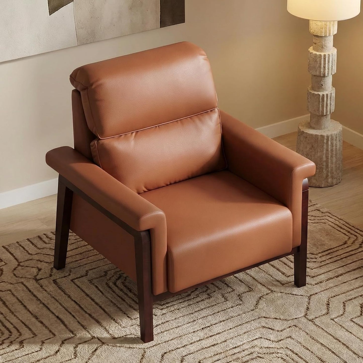 STHOUYN Oversized Leather Accent Chair, Mid Century Modern Office Arm Chair with Solid Wood Legs & High Backrest, Comfy Upholstered Side Sofa Chair for Living Room, Waiting Room, Bedroom (1, Brown)