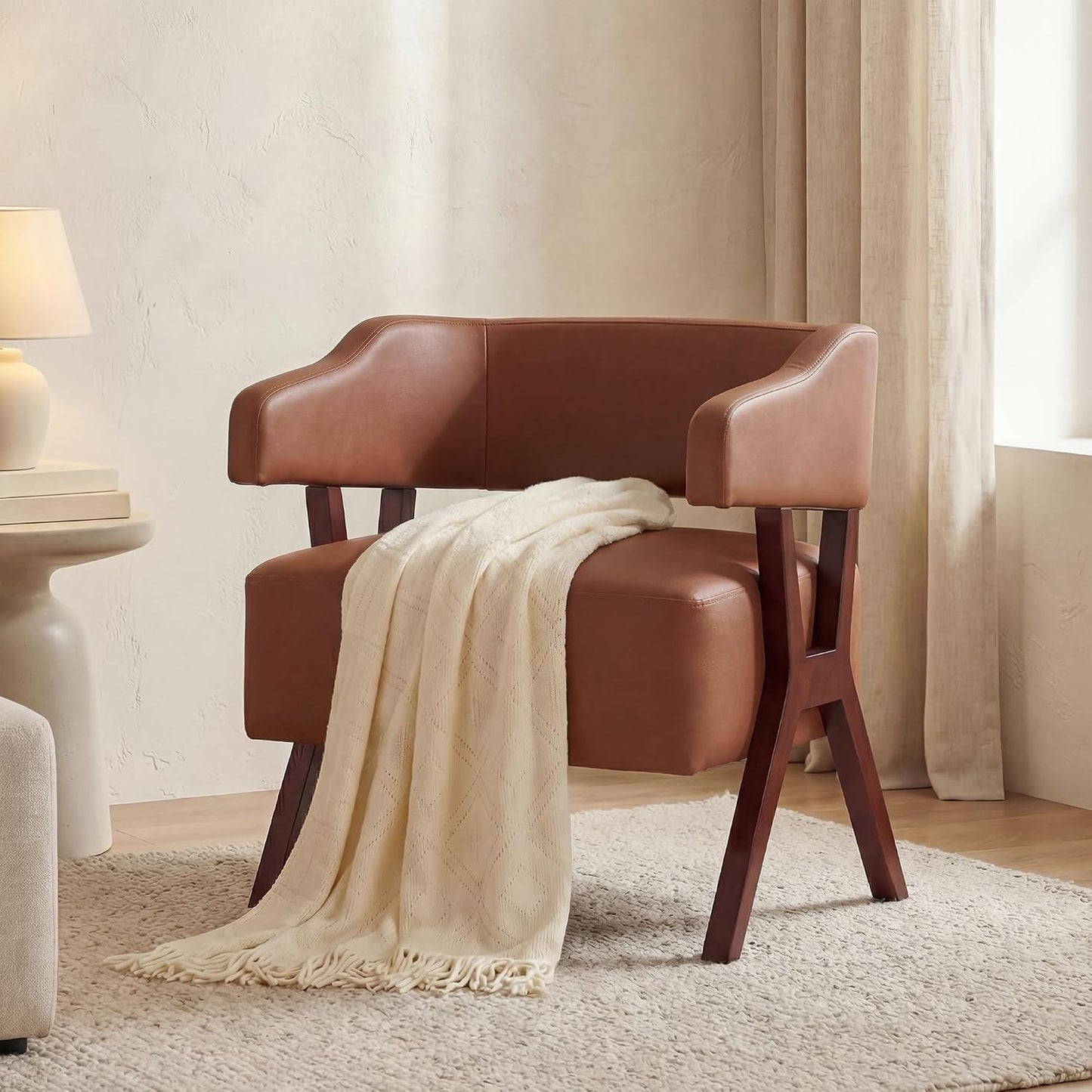 STHOUYN Faux Leather Barrel Accent Chair with Solid Wood Frame (Brown,1),  Mid-Century Modern, Wraparound Back, Reading, Living Room, Office, Bedroom, Dorm