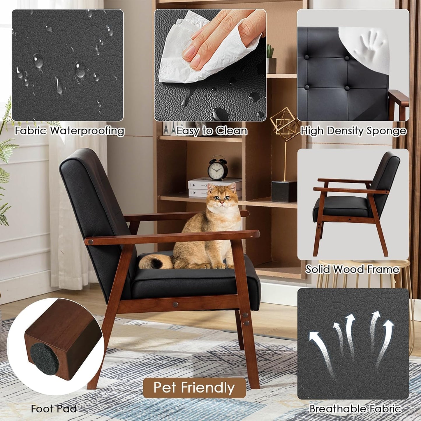 STHOUYN Accent Chairs Set of 2, Faux Leather Chair with Wood Frame, Upholstered, Tufted, Comfy, Reading Arm Chair, Mid-Century Modern, Living Room, Waiting Room, Office