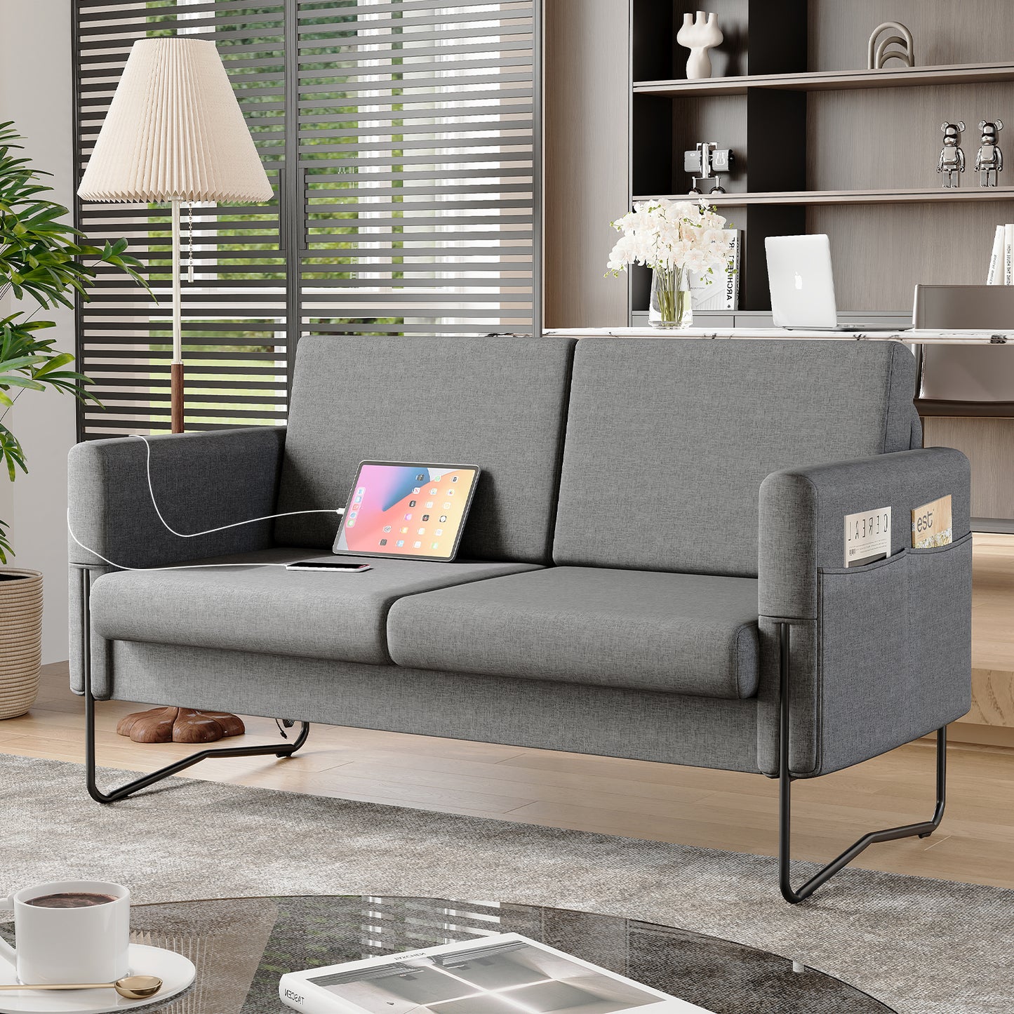 STHOUYN Small Grey Love Seat Couches with USB Port & Side Pocket, Small Loveseat for Small Spaces, Mini Sofa for Bedroom, 2 Seater Office Couch (Dark Grey)