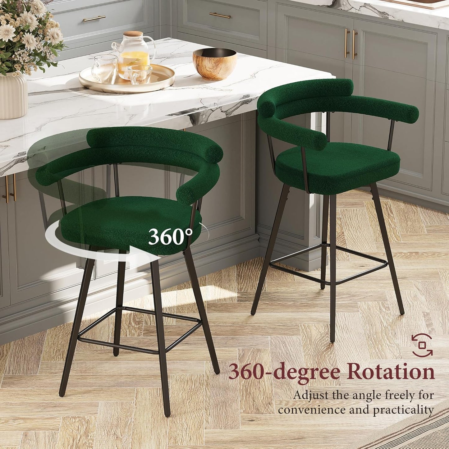 STHOUYN 26” Swivel Bar Stools Set of 2, Green Modern Boucle Counter Height Bar Stools with High Back and Metal Legs, Upholstered Bar Chairs Barstools for Kitchen Island, Dining Room (2, Green)