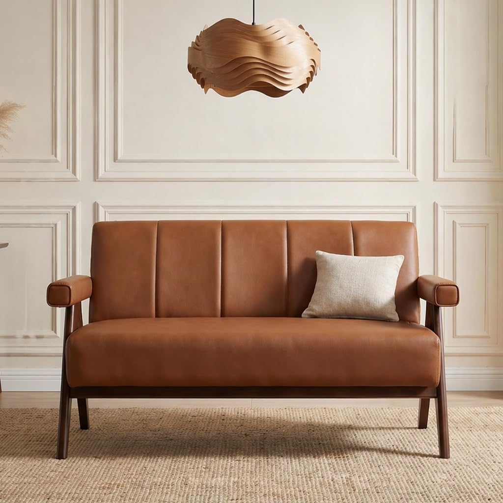 STHOUYN 50" Small Brown Faux Leather Sofa Couch, Wooden Office Loveseat