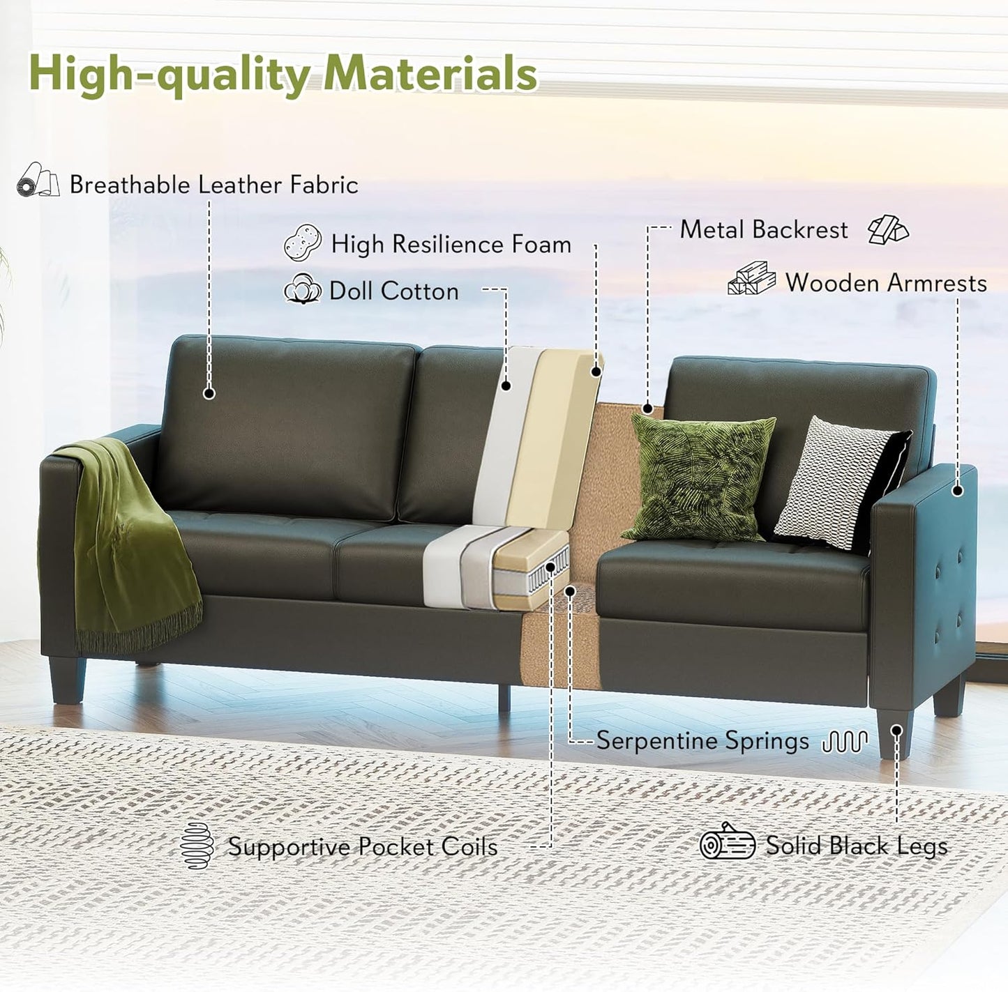STHOUYN 73” Black Faux Leather Sofa Couch, Modern Comfy Office 3 Seater Couch Loveseat with USB and Tufted Armrest, Small Love Seat Couches for Living Room, Bedroom, Apartment