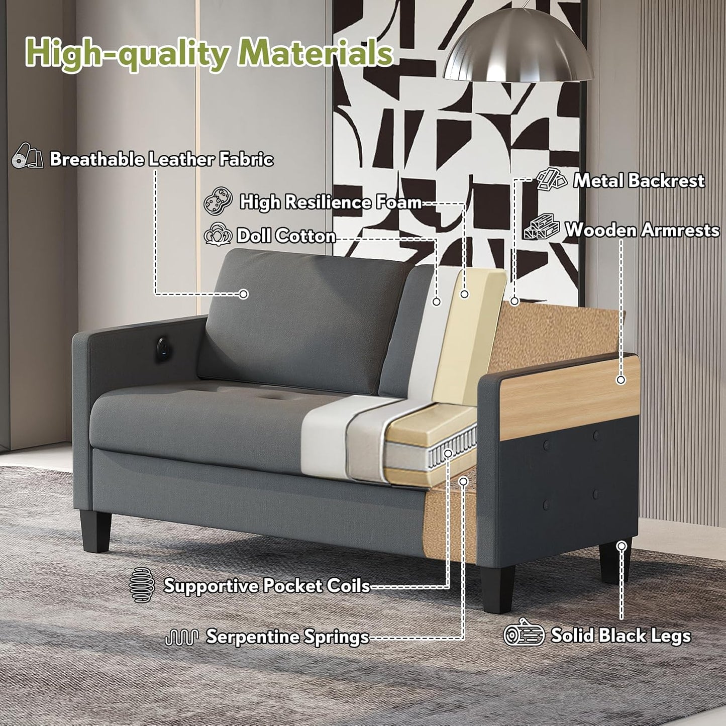 STHOUYN Comfy Loveseat Sofa Small Grey Couch, Small Love Seat Bedroom, Mid Century Modern Couches Living Room Dorm Office, 2 Seater Couch Deep Seat Sofas, 57”W (Dark Grey (Loveseat))