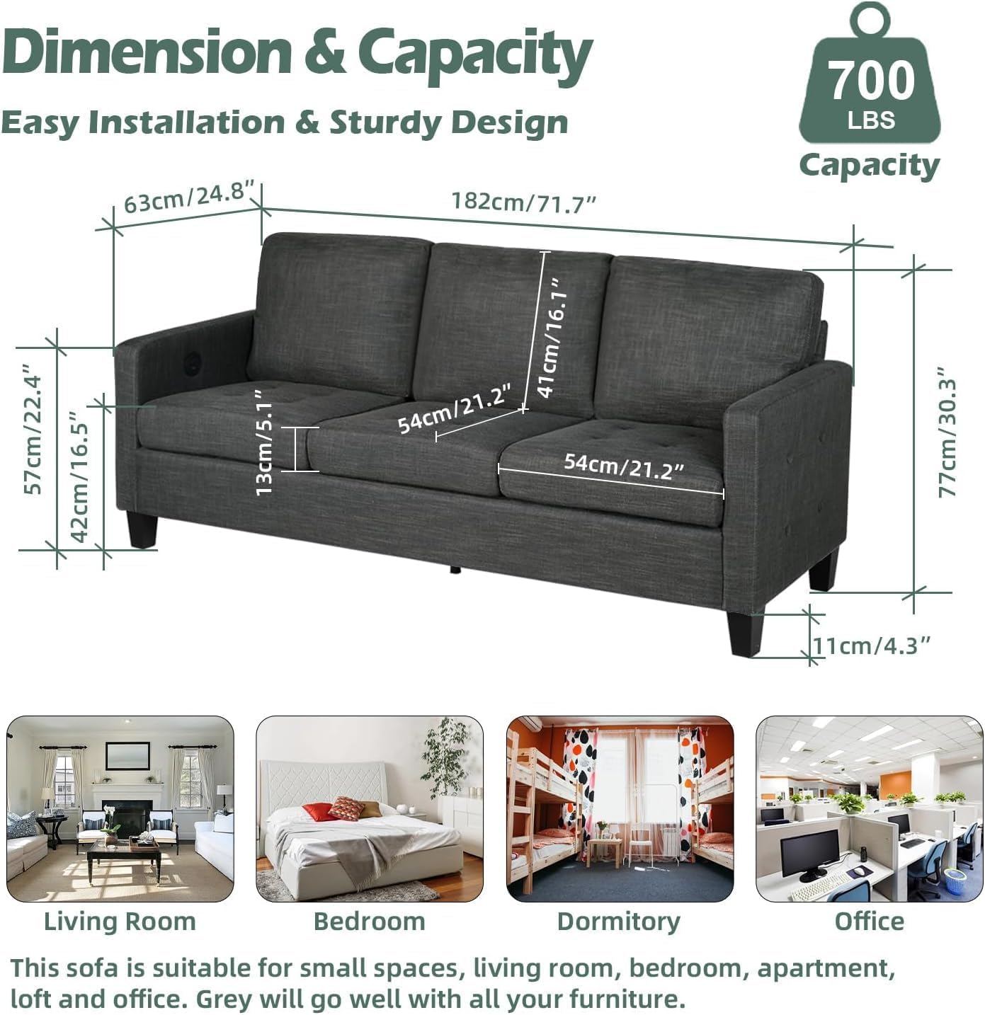 STHOUYN 72" W 3 Seater Couch with USB Ports, Grey Comfy Sofa Couches for Small Spaces, Mid Century Modern Couch Loveseat for Living Room, Bedroom, Apartment (Dark Grey)