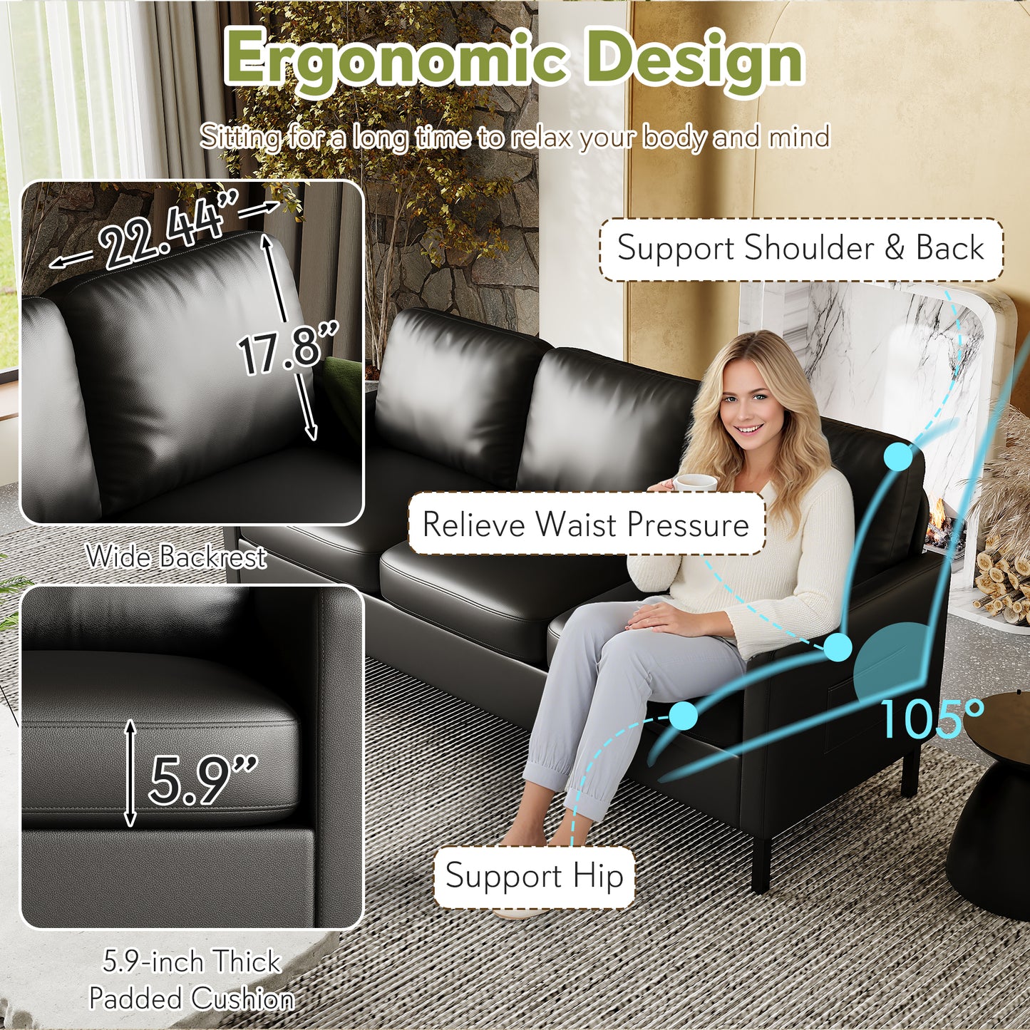 STHOUYN Modern 3-Piece Living Room Set, 72" Black Faux Leather Couch 56" Loveseat with USB Ports, Small Couch and Chair Set for Small Space, Apartment, Office (Black, 1 Chair + 1 Loveseat + 1 Couch)