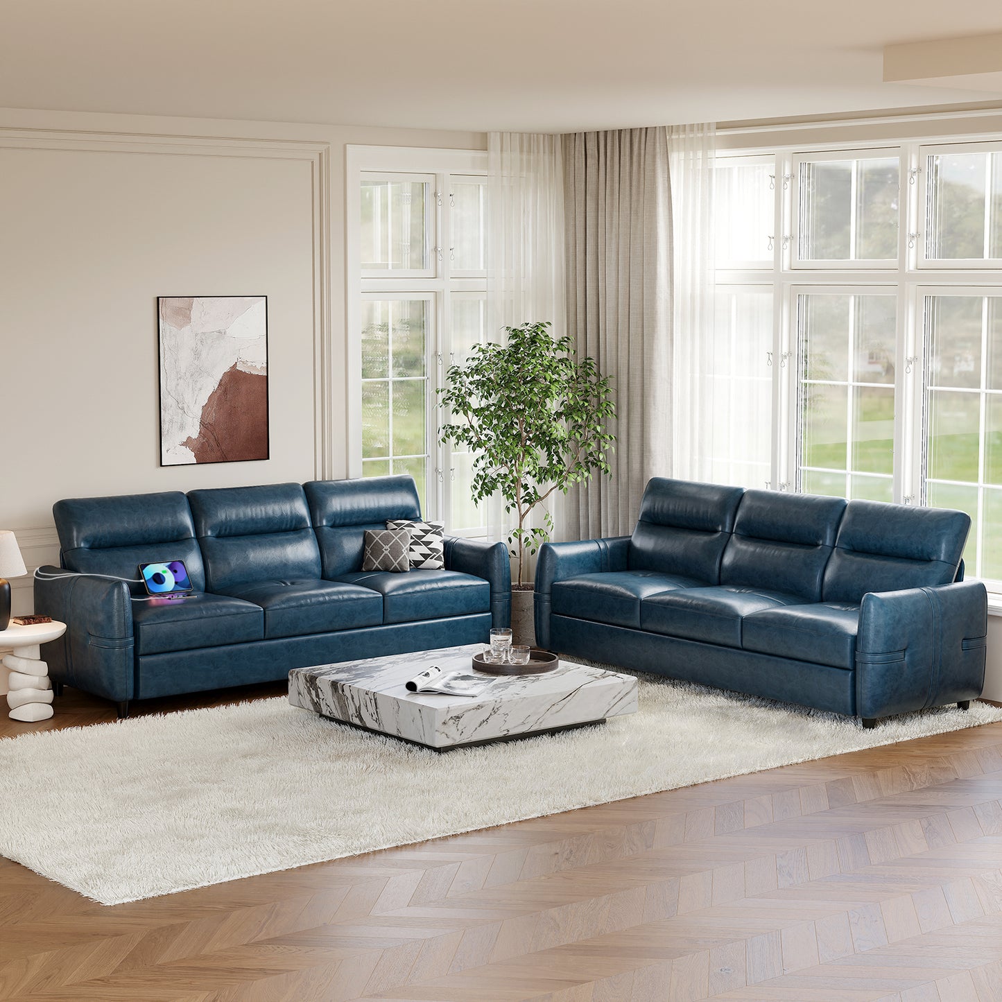 STHOUYN 85” Blue Faux Leather Couch with USB, 3 Seater Couch for Living Room, Large Mid Century Modern Office Sofa for Apartment, Bedroom