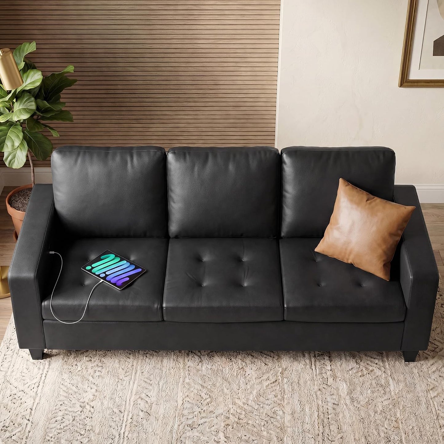73” Black Faux Leather Couch, Comfy 3 Seater Sofa | STHOUYN, Modern, Tufted Armrest, USB Charger, Small, Living Room, Office, Apartment, Bedroom
