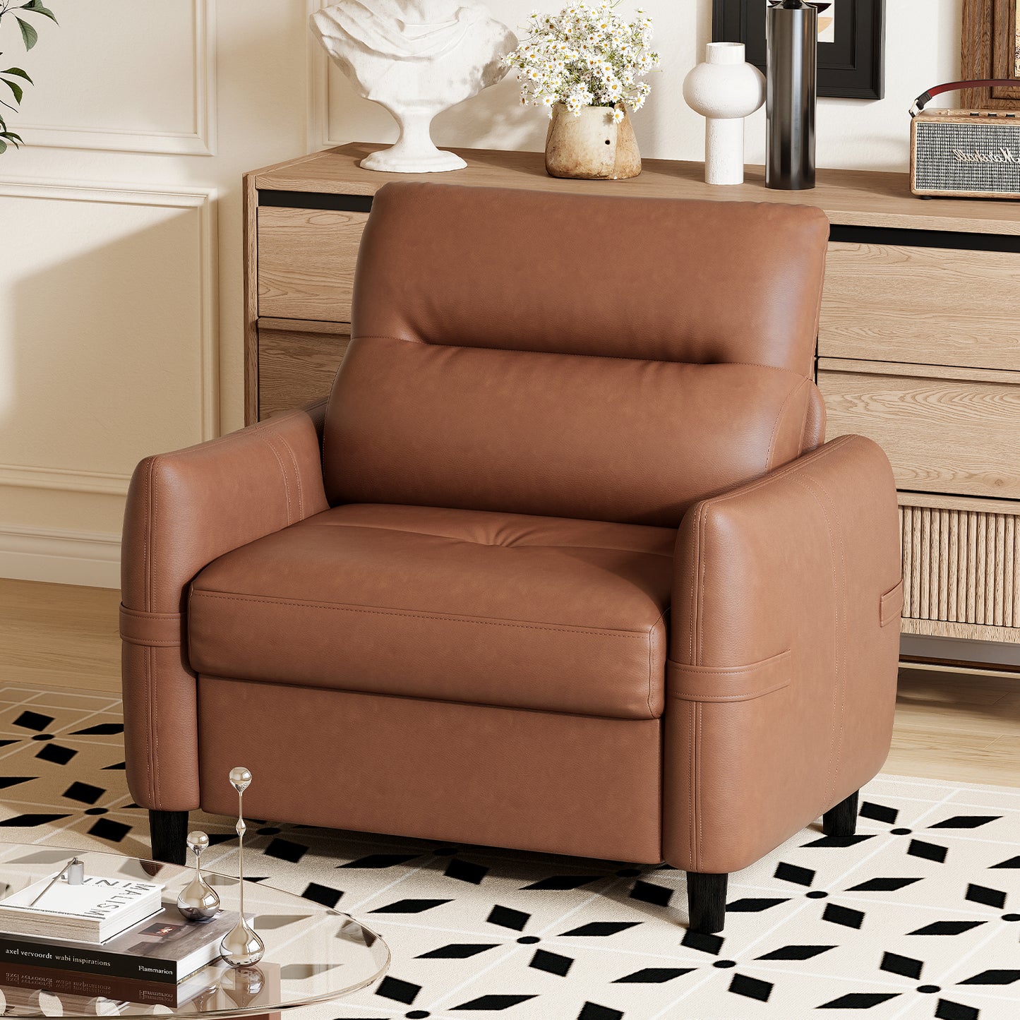 STHOUYN Oversized Leather Accent Chairs for Living Room, Comfy Upholstered Deep Seat Armchair for Adults, Mid Century Modern Arm Chair for Office, Bedroom, Apartment, Reading & Waiting Room (1, Brown)