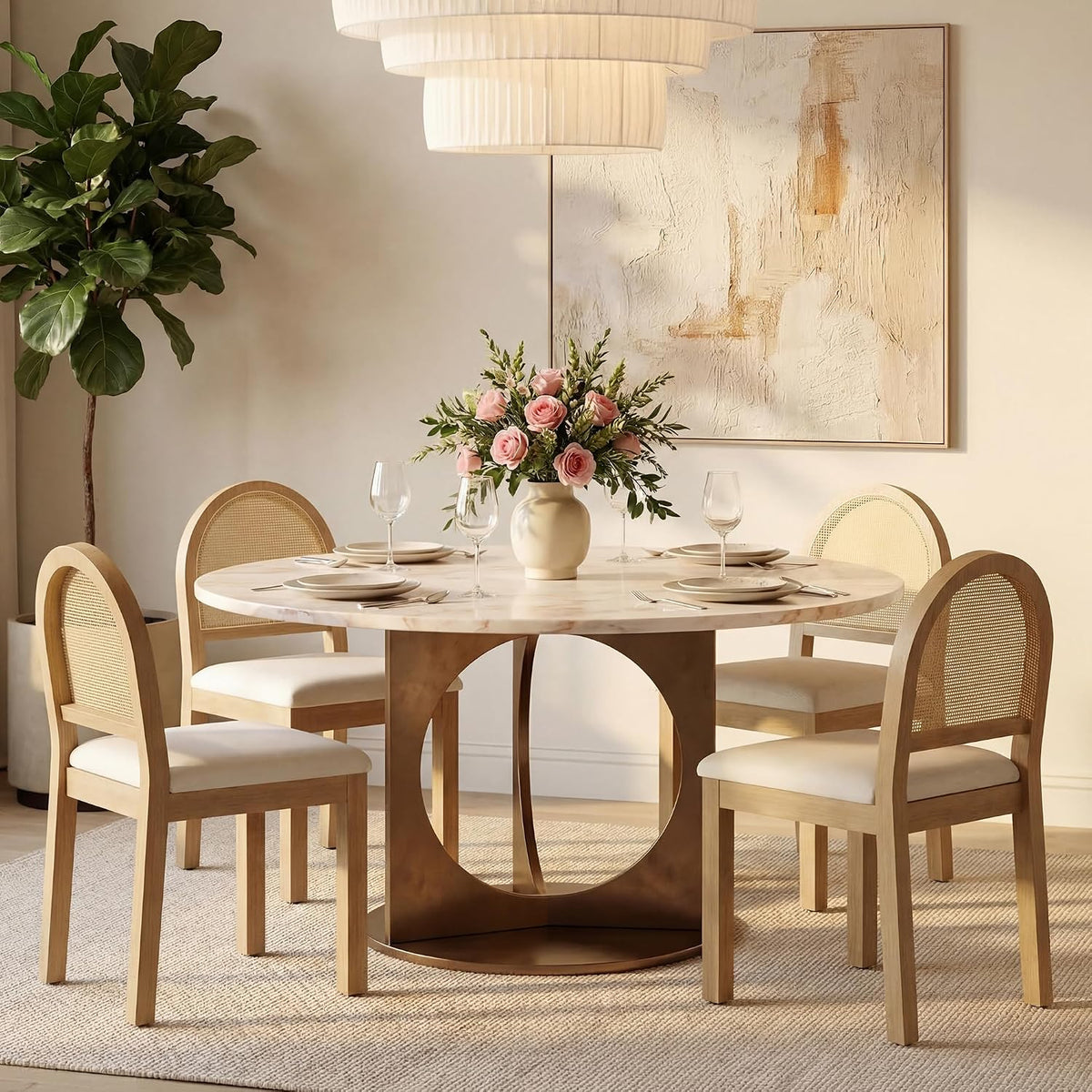 STHOUYN Upholstered Rattan Dining Chairs Set of 4, Farmhouse Wooden Kitchen Chair