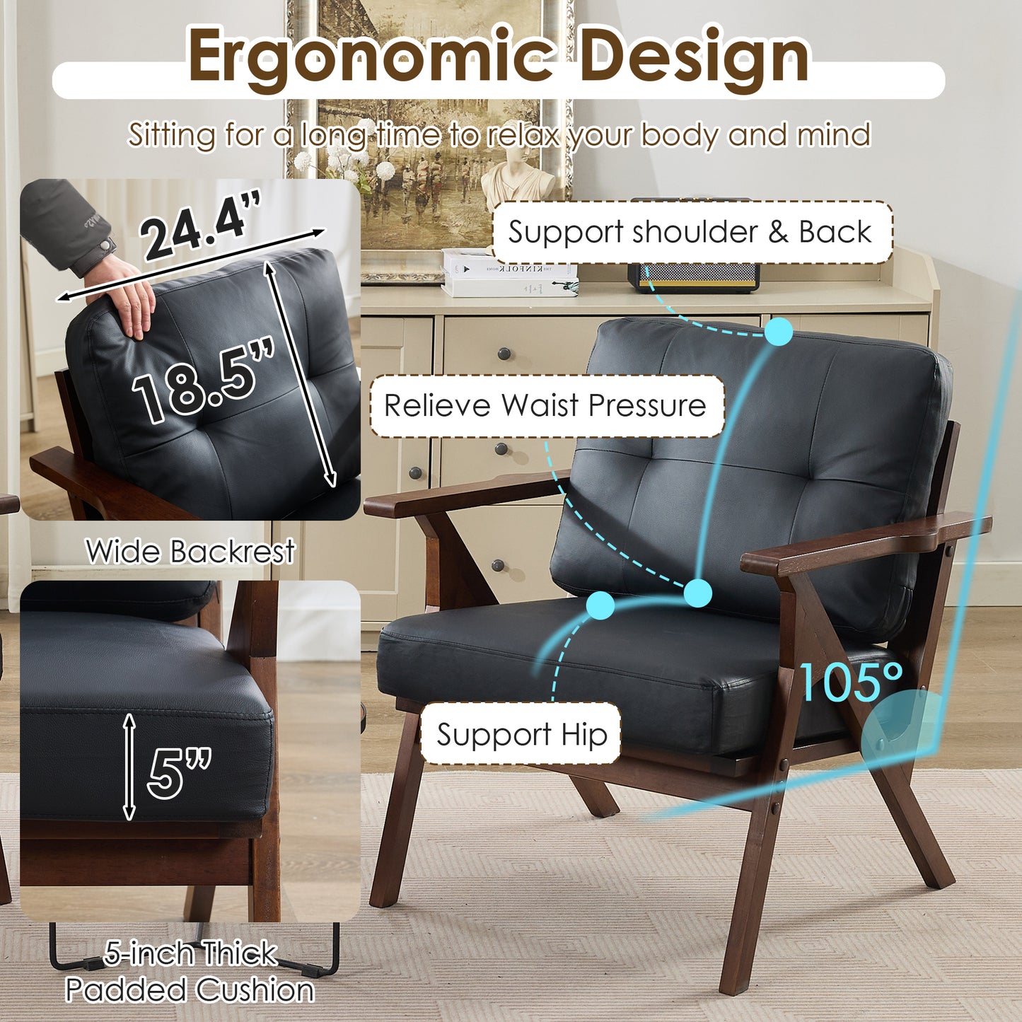 STHOUYN Black Leather Office Accent Chair Set of 2 with Wooden Arms, Comfy Guest Waiting Room Chairs, Mid Century Modern Chair, Side Arm Chairs for Living Room (Black, 1pc)