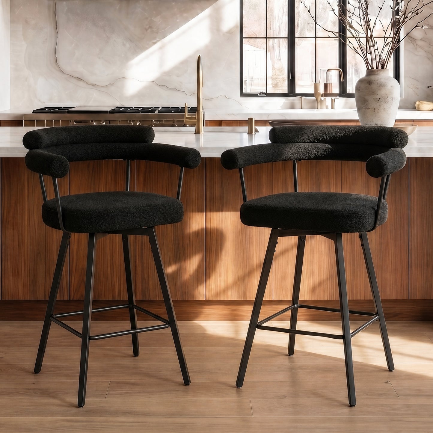STHOUYN 26” Black Swivel Bar Stools Set of 2, Modern Boucle Counter Height Bar Stools with High Back and Metal Legs, Upholstered Bar Chairs Barstools for Kitchen Island, Dining Room (2, Black)