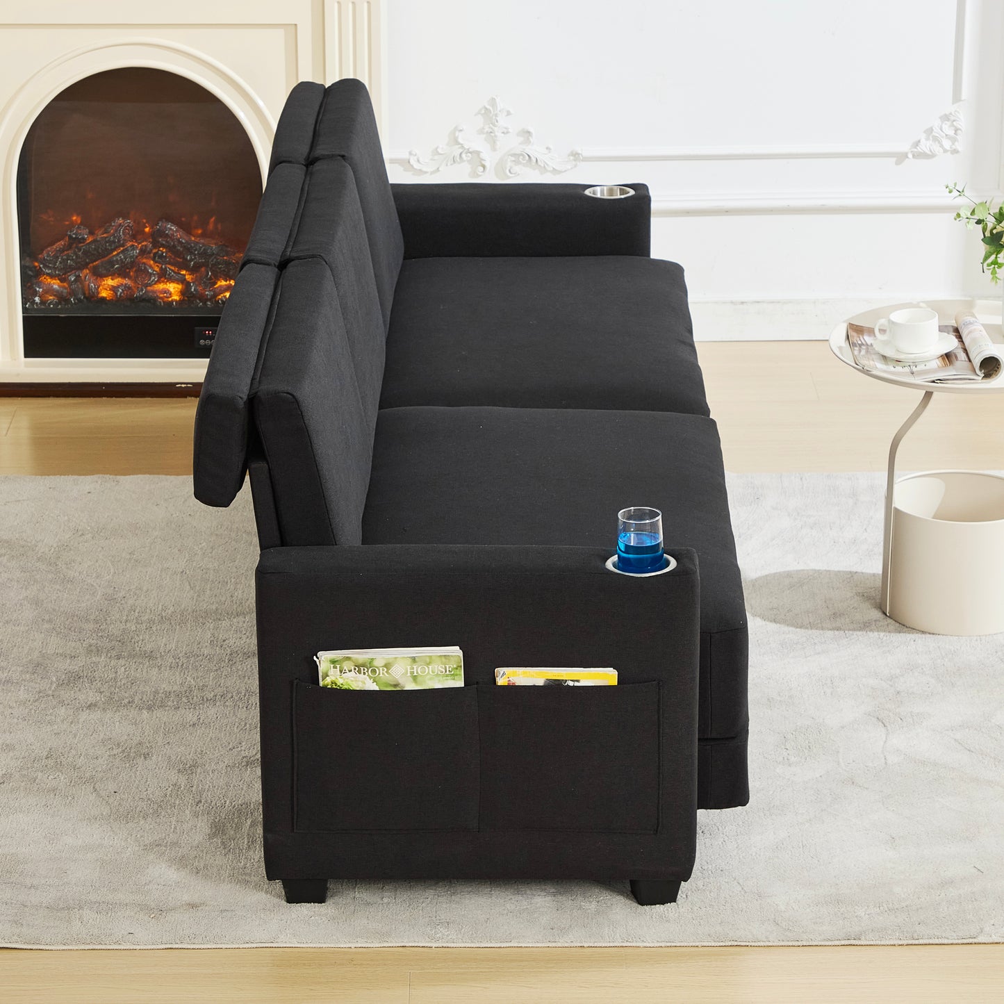 STHOUYN 89” Sleeper Sofa Bed, Black 3 Seat Office Couch, Comfy Folding Pullout Floor Couch for Bedroom Living Room, Convertible Guest Bed with Cup Holders & Side Pockets, Modern Linen Fabric (Black)