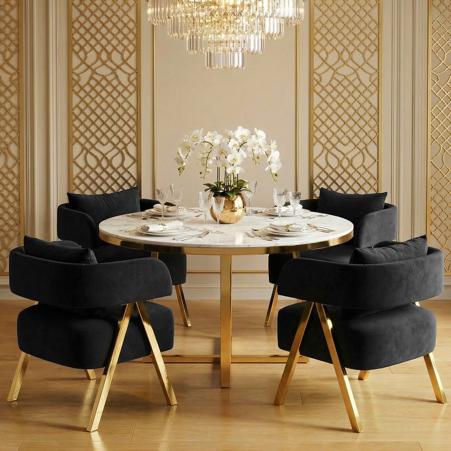 STHOUYN Modern Black Dining Chairs Set of 4 for Kitchen, Velvet Upholstered Kitchen Chairs for Dinning Room, Barrel Chairs for Dining Table with Golden Metal Legs (Black, 4 PCS)