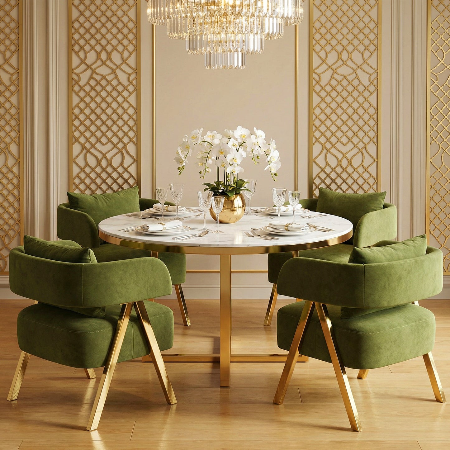 STHOUYN Modern Green Dining Chairs Set of 4 for Kitchen, Velvet Upholstered Kitchen Chairs for Dinning Room, Barrel Chairs for Dining Table with Golden Metal Legs (Green, 4 PCS)