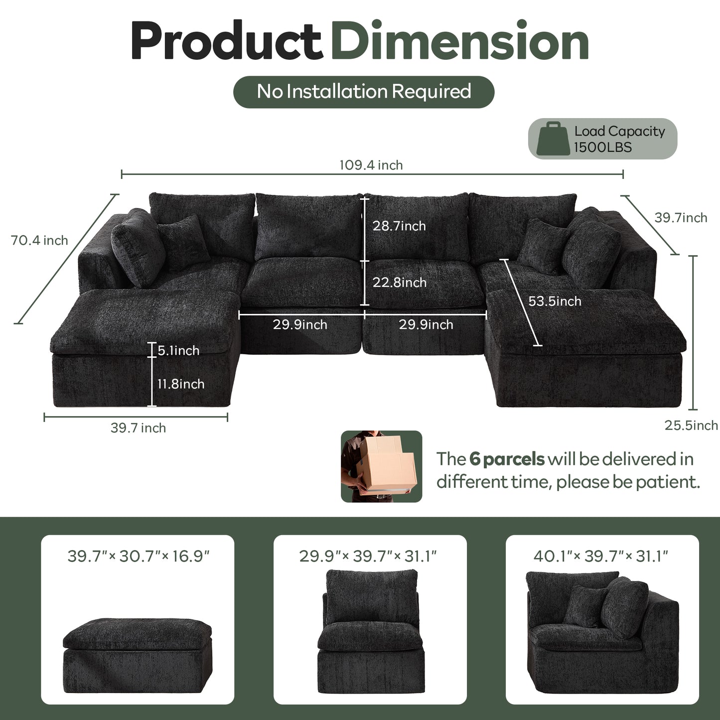 STHOUYN 145” Modern Black U Shape Sectional Couches for Living Room, Black Modular Cloud Sofa Boneless Couch with Ottoman, Comfy Big Oversized Corner Couch (Black, 4 Seater + 2 Ottoman)