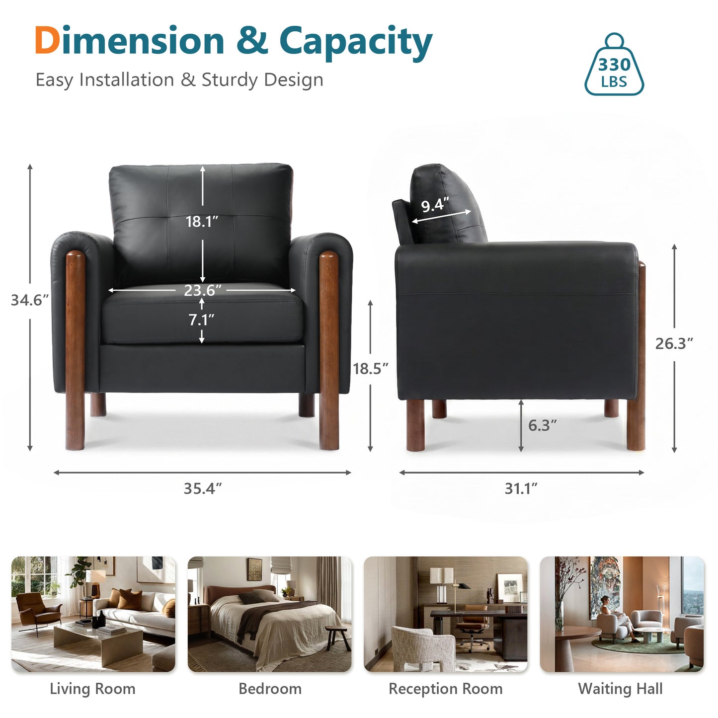 STHOUYN 35" Black Leather Oversized Accent Chair Set of 2 with Wood Armrests, Mid-Century Modern Tufted Living Room Chair, Comfy Reading Chair with Lumbar Support & Thick Cushion Waiting Room Office