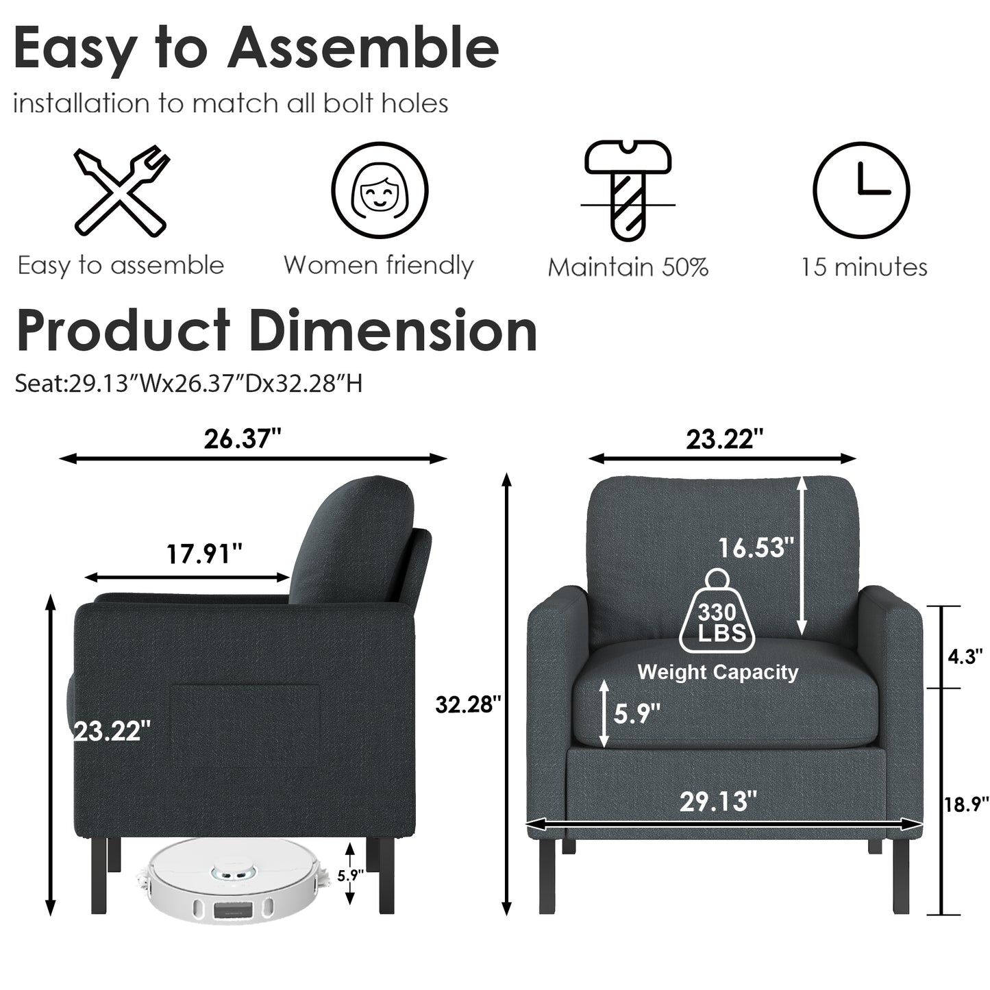 STHOUYN Modern Accent Chairs Set of 2, Bedroom Chair with Side Pockets, Linen Fabric Living Room Chair, Side Arm Chairs for Apartment, Waiting Room (Dark Grey, 2pcs)