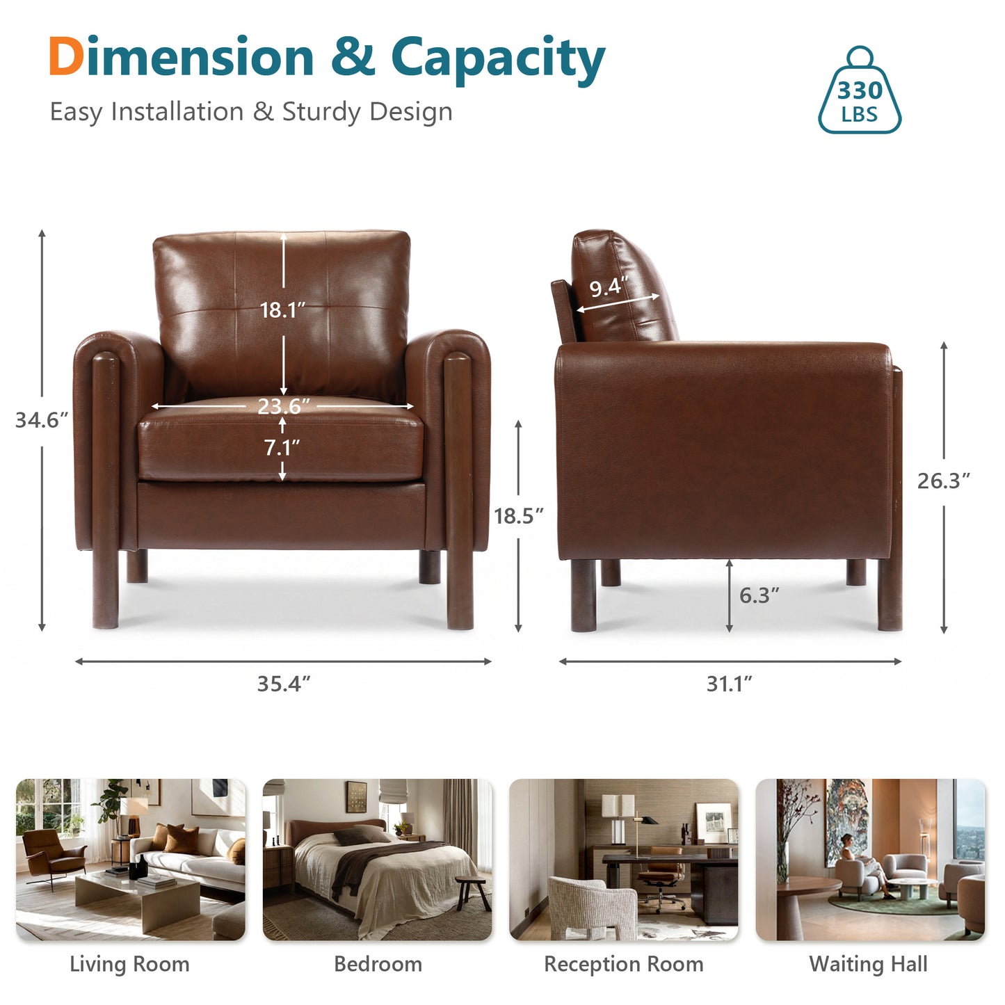 STHOUYN 35" Brown Leather Oversized Accent Chair Set of 2 with Wood Armrests, Mid-Century Modern Tufted Living Room Chair, Comfy Reading Chair with Lumbar Support & Thick Cushion Waiting Room Office