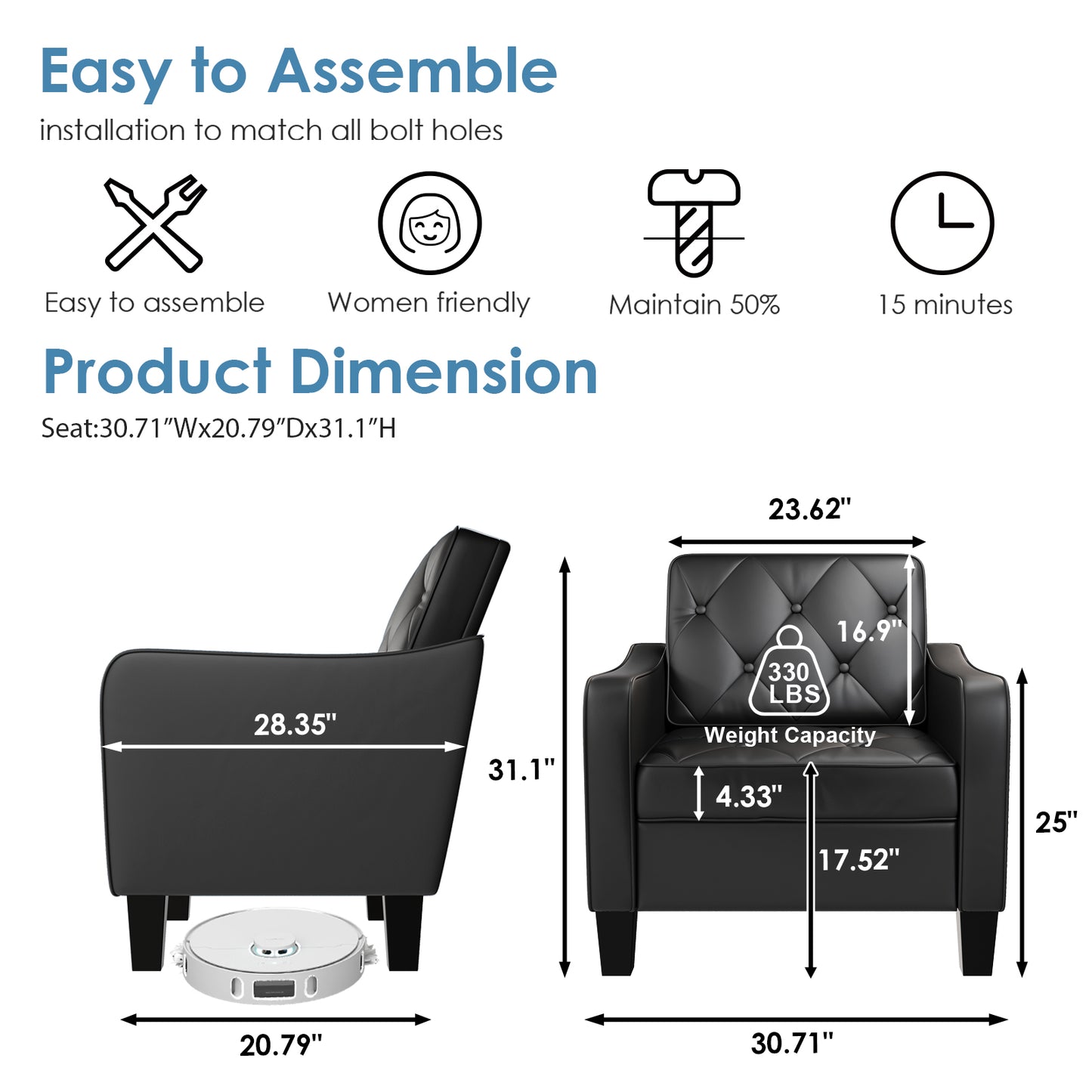 STHOUYN Black Accent Chairs Set of 2, Mid-Century Modern Faux Leather Armchair, Upholstered Living Room Chair Tufted Back, Ergonomic Office Guest Reading Chair Waiting Room, 330LBS Capacity (2, Black)