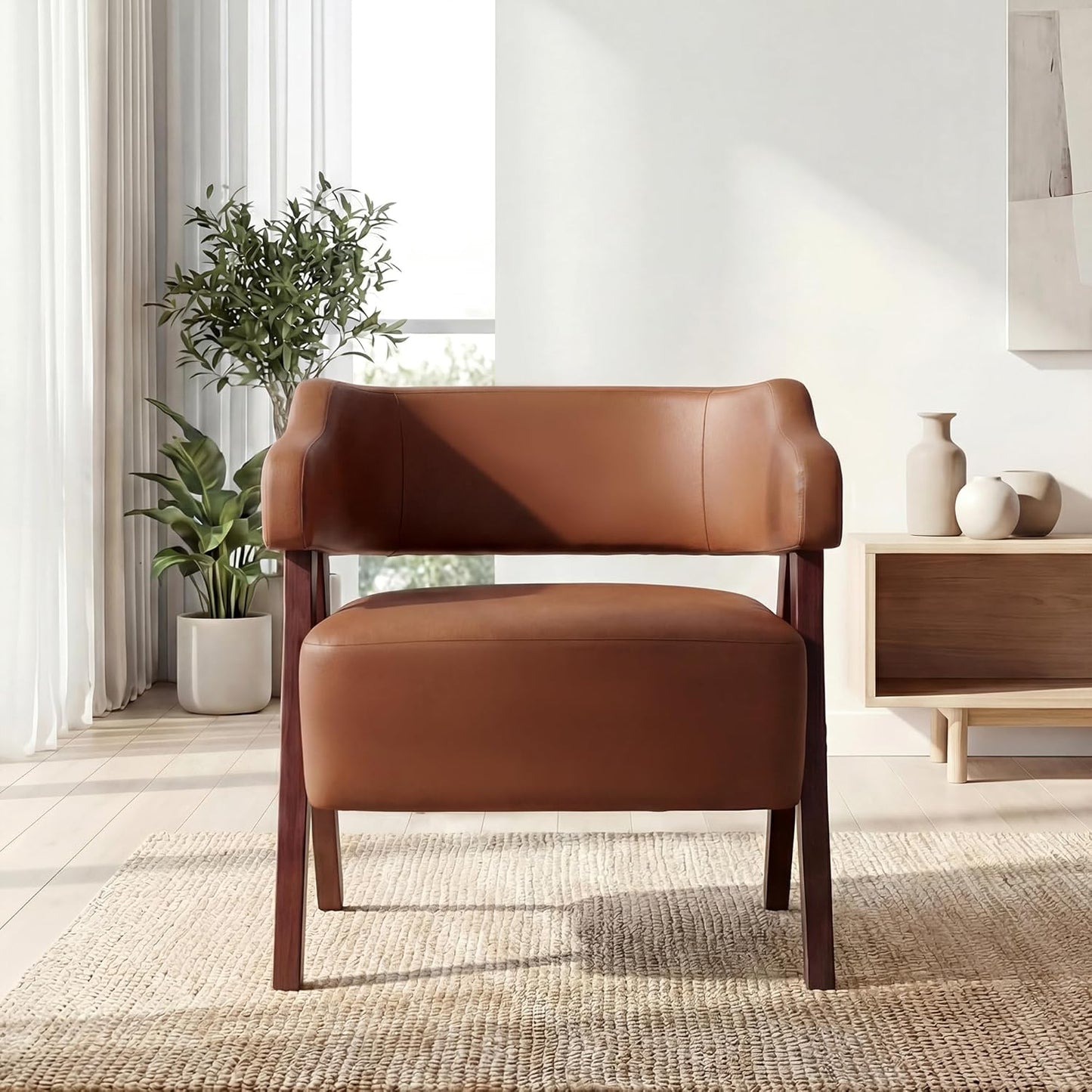STHOUYN Leather Accent Chairs, Barrel Chair with Solid Wood Frame, Mid-Century Modern Wooden Armchair with Wraparound Back, Comfy Office Reading Chair for Living Room, Bedroom (1, Brown)