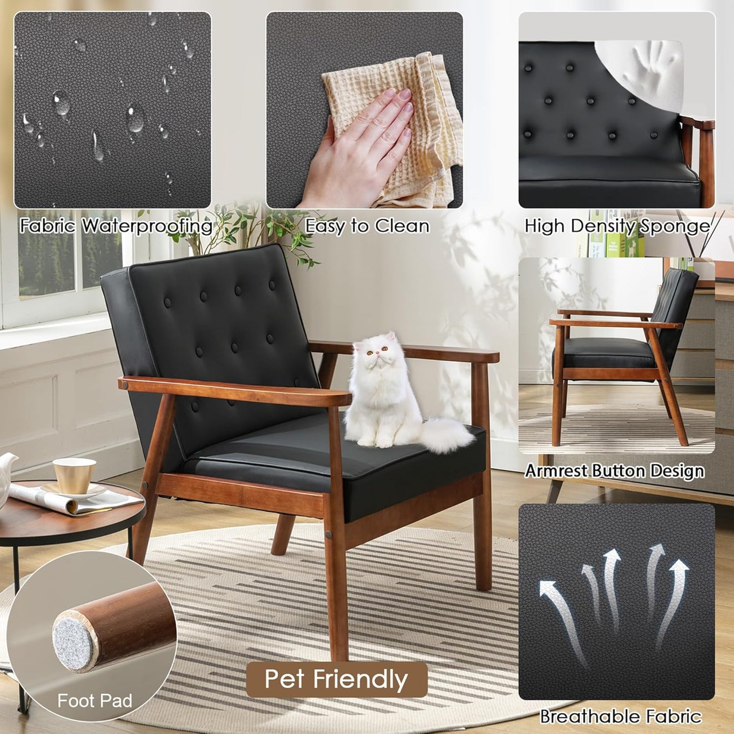 STHOUYN Black Leather Accent Chairs Set of 2, Waiting Room Chairs with Wood Arms, Office Guest Arm Chair, Mid Century Modern Living Room Chair (2, Black)