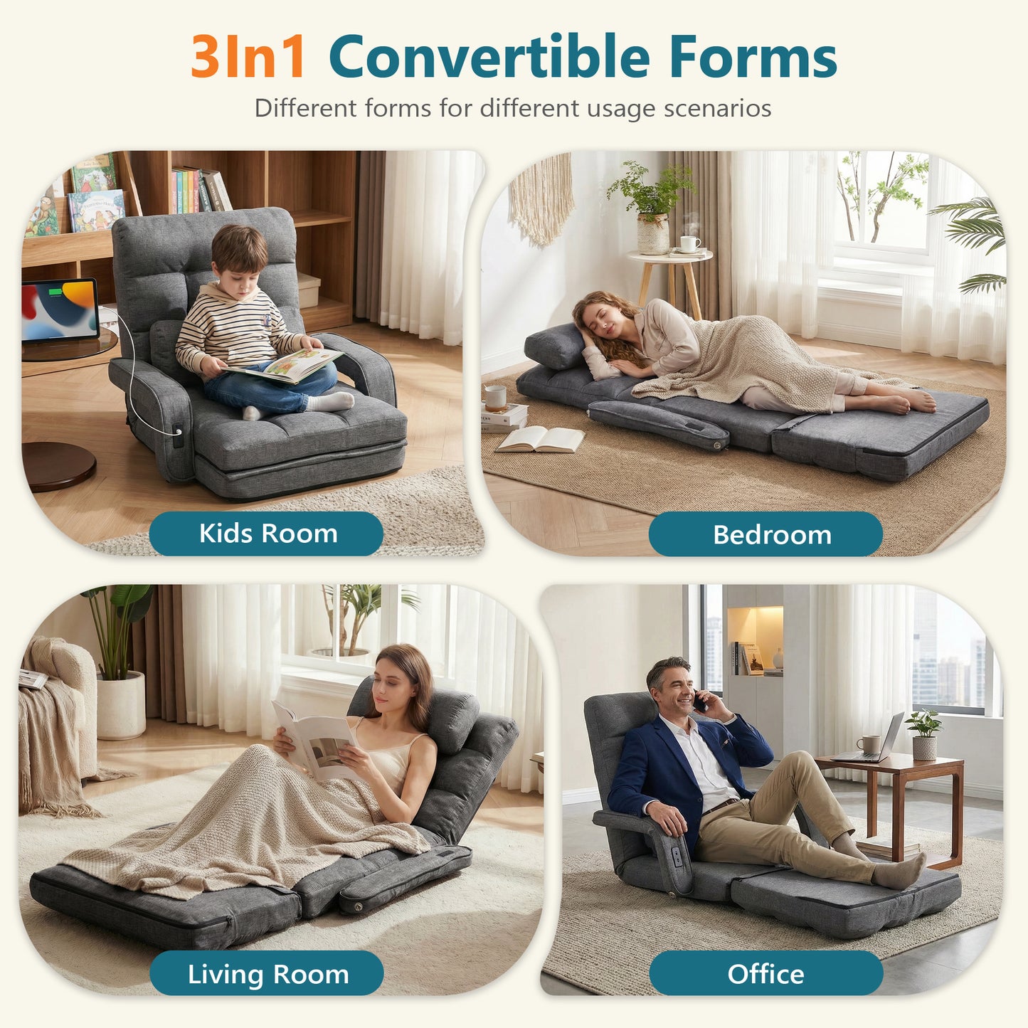 STHOUYN Comfy Floor Chair, Gaming Lounge Couch Chair Bed with 2 USB Charger & 5-Position Adjustable Back, Lazy Folding Sofa Bed, Convertible Sleeper Chair for Living Room, Bedroom, Dorm (Grey)