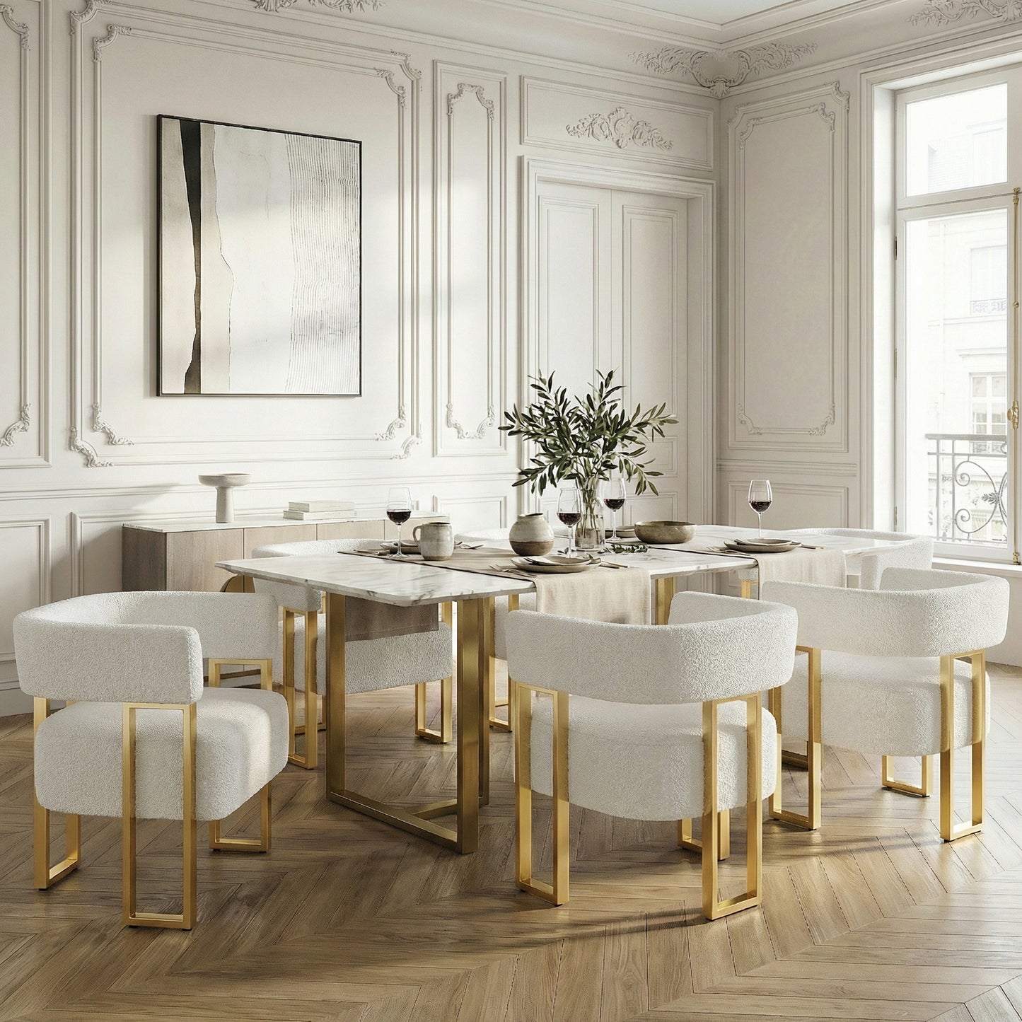 STHOUYN Modern White Boucle Dining Chairs Set of 4 with Gold Metal Legs, Mid Century Barrel Kitchen Chairs Set, Upholstered Accent Armchairs Dining Room Set, Living Room, Apartment (White, 4pcs)