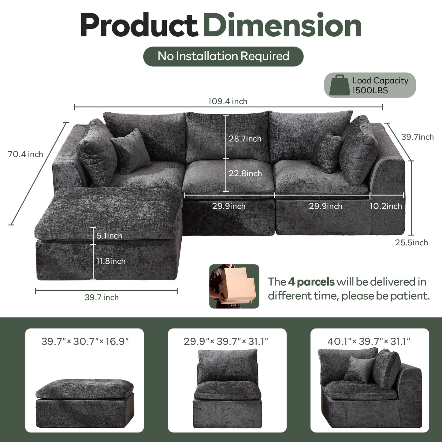 STHOUYN 145” Modern Grey Boneless Sectional Couches for Living Room, Grey Modular U Shape Cloud Sofa Couch with Ottoman, Comfy Big Oversized Corner Couch (Grey, 4 Seater + 2 Ottoman)