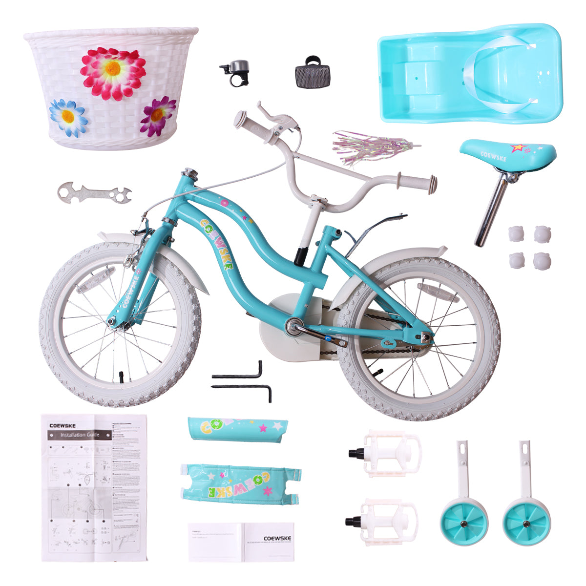 COEWSKE Kid's Bike Steel Frame Children Bicycle Little Princess Style 14 Inch with Training Wheel, Blue