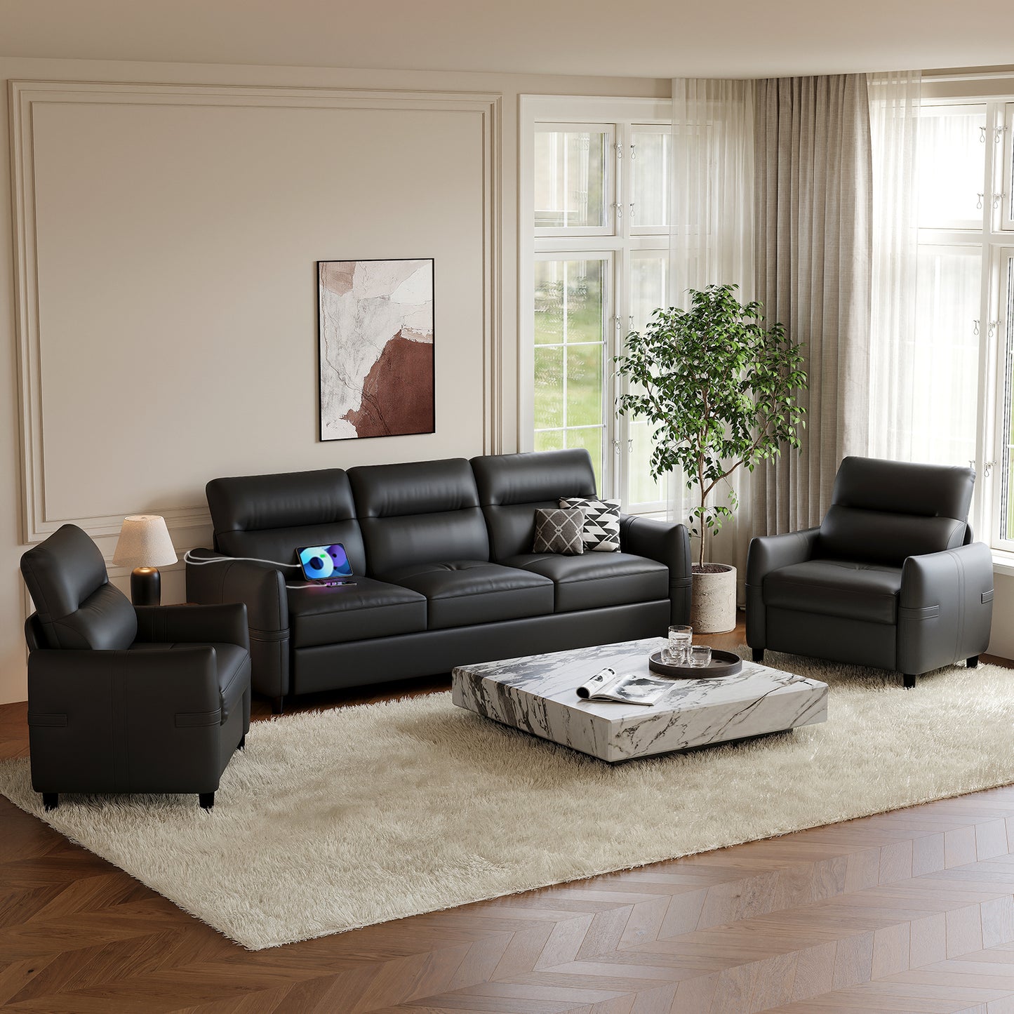 STHOUYN 85” Black Faux Leather Couch with USB, 3 Seater Couch for Living Room, Large Mid Century Modern Office Sofa for Apartment, Bedroom