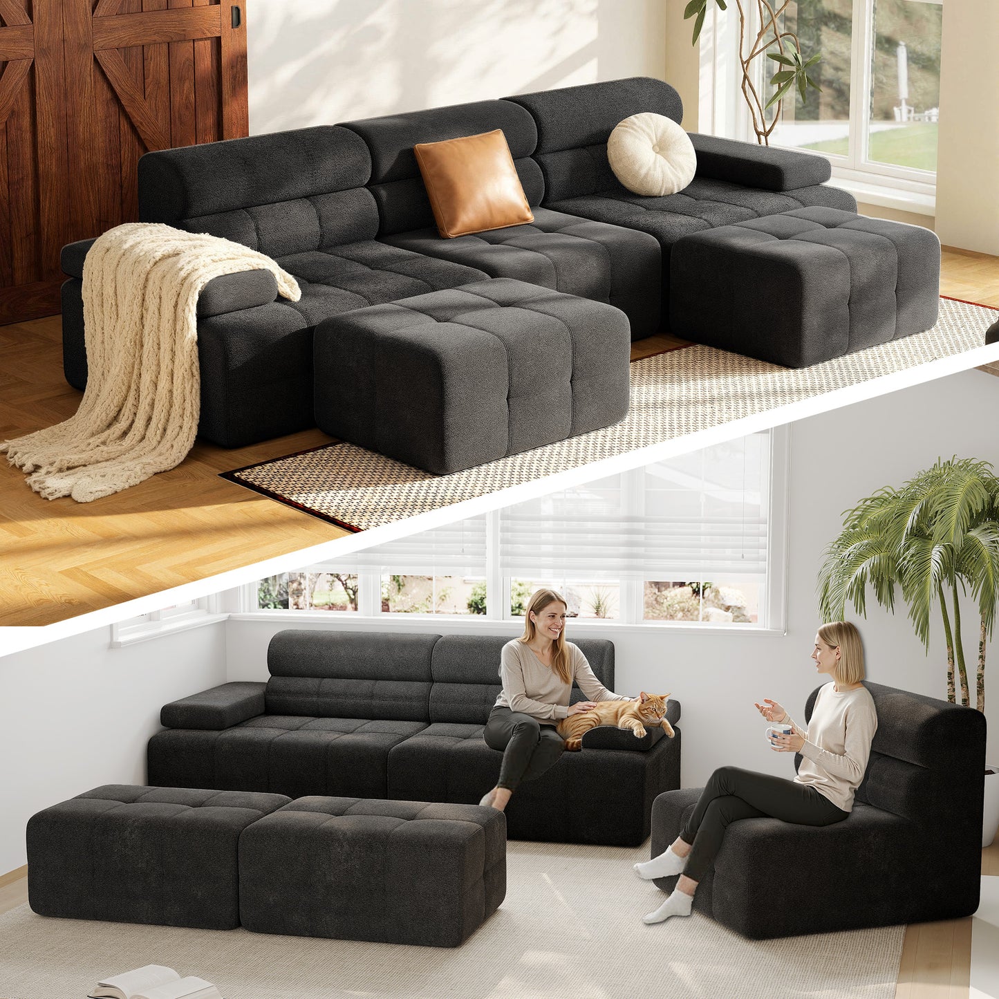 STHOUYN 134" Modular Cloud Sofa Sectional U Couch with Ottoman & Higher Backrest, Modern Boneless Couches for Living Room Set Corner Sofa (Black, 134 Inches)