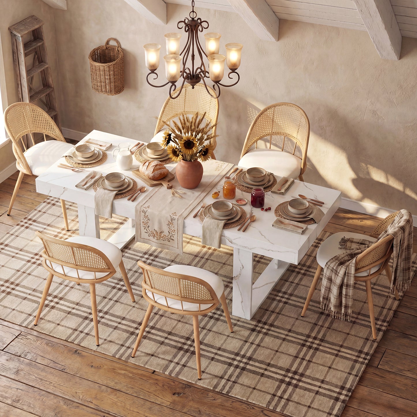 STHOUYN 71"-87" White Marble Extendable Dining Room Table Set with 6 Upholstered Chairs, Rectangular Expandable Retractable Kitchen Table and Chairs Set of 6 (71"-87" White Table + 6 White Chairs)