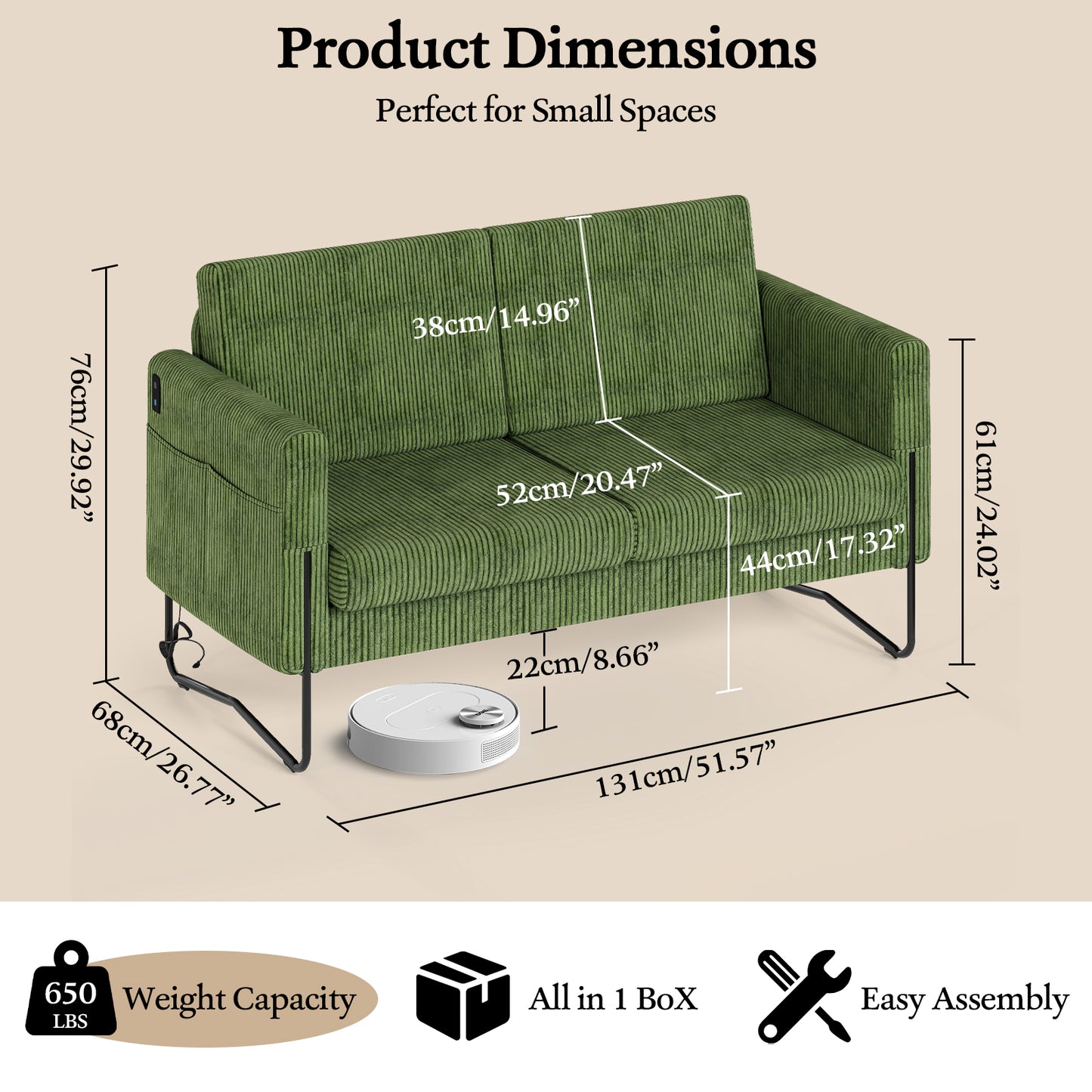 STHOUYN Small Green Couch for Living Room, Bedroom, Corduroy Loveseat Sofa Couch for Small Space, Mini Love Seat Couch, 2 Seater Office Couch with USB Ports & Side Pockets