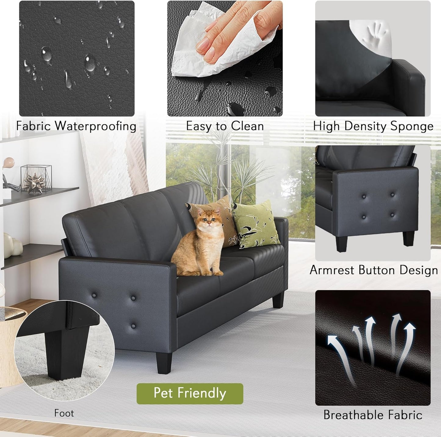 STHOUYN 73” Black Faux Leather Sofa Couch, Modern Comfy Office 3 Seater Couch Loveseat with USB and Tufted Armrest, Small Love Seat Couches for Living Room, Bedroom, Apartment