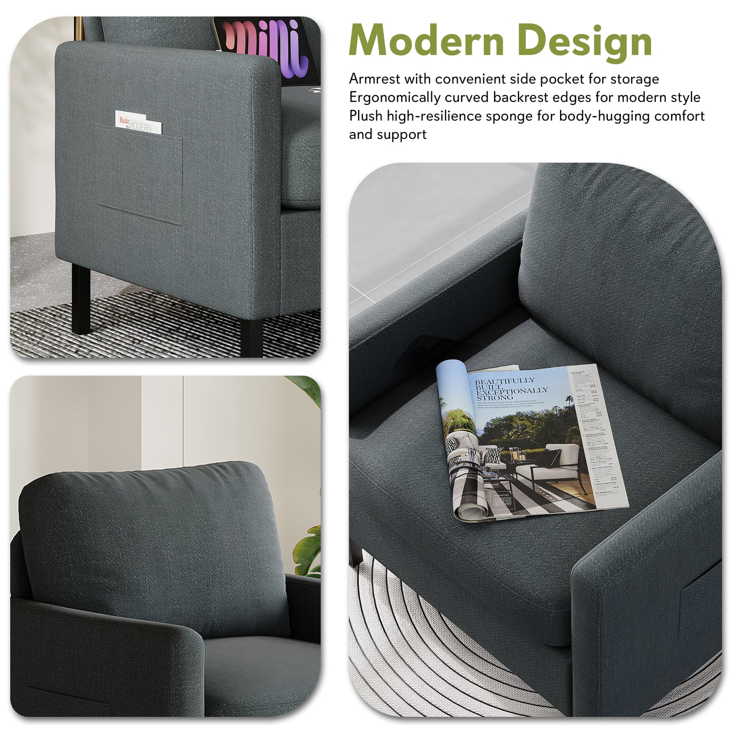 STHOUYN Modern Accent Chairs Set of 2, Bedroom Chair with Side Pockets, Linen Fabric Living Room Chair, Side Arm Chairs for Apartment, Waiting Room (Dark Grey, 2pcs)